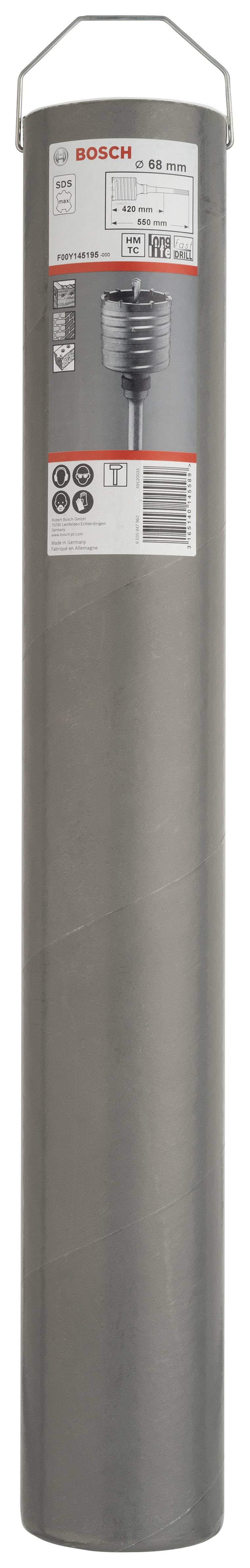 Šedý válcový vrták značky Bosch s produktovým štítkem nahoře. Vhodný pro těžké materiály, jak je popsáno na štítku.