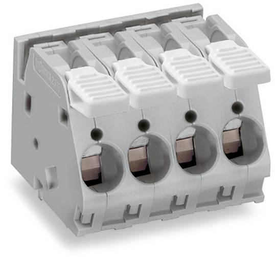 Šedý, čtyřpólový svorkovnicový blok; připojení pro elektrické vodiče. Každá svorka má bílou páku pro upevnění vodiče.