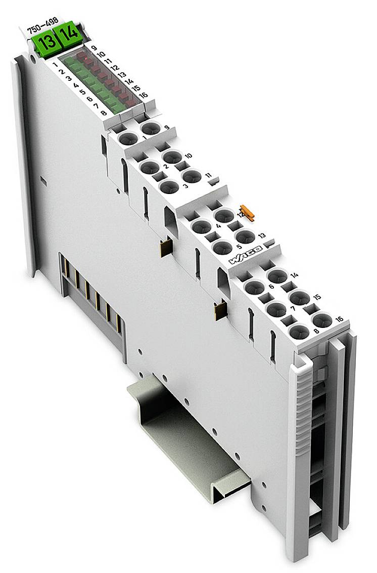 Úzký šedý elektrický modul určený pro montáž na DIN lištu. Má konektory nahoře a zelenou LED indikaci.