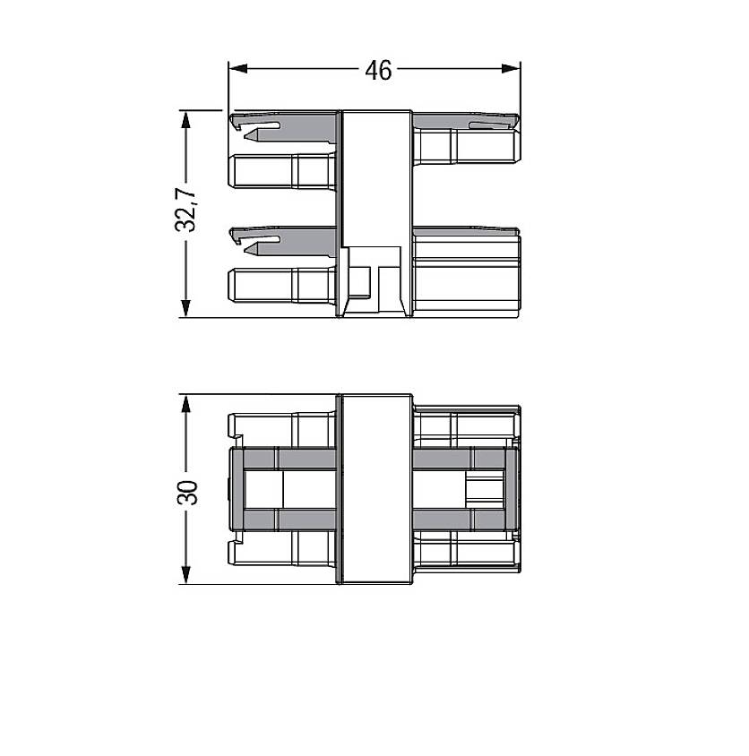 Technický výkres konektoru s rozměry 46 mm x 32,7 mm a 30 mm, se zaměřením na uspořádání připojení a rozměry.