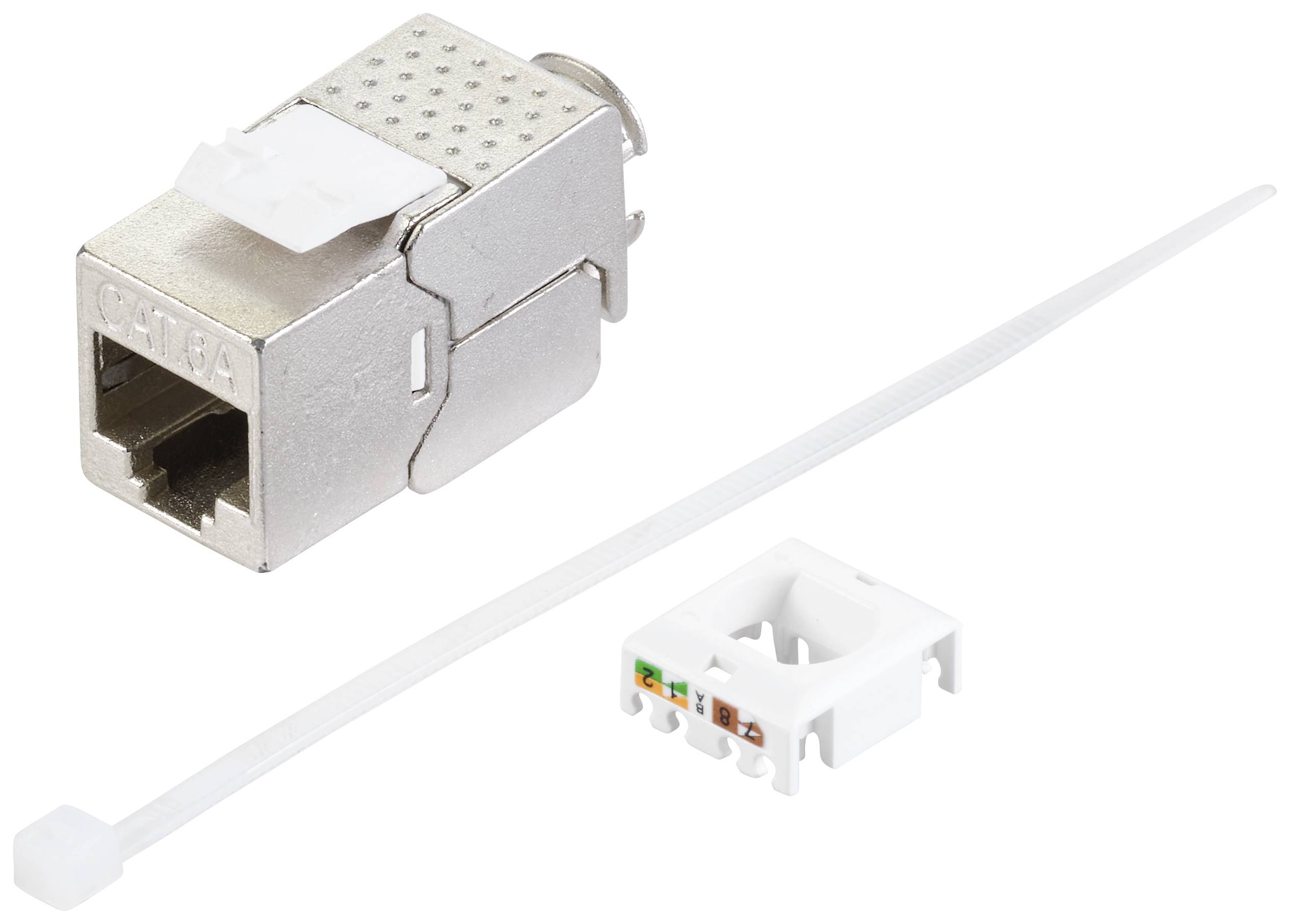 Kovový síťový konektor RJ45 s bílou plastovou svorkou a vedle ležící bílou krytkou na vázací pásku.