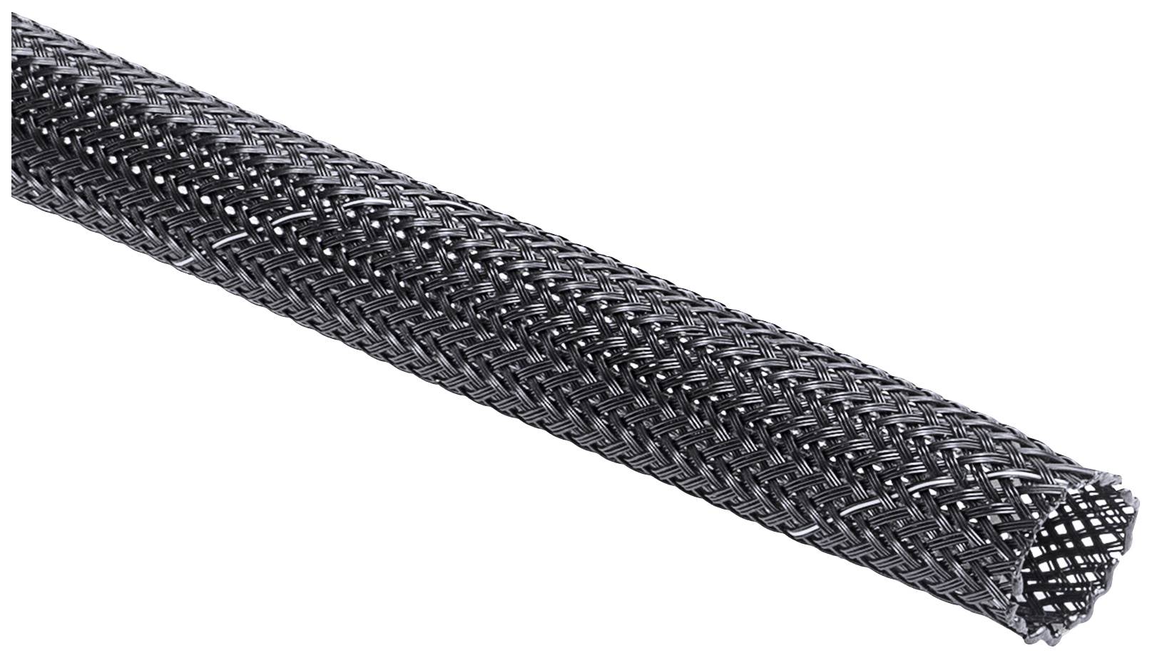 Černý pletený kabelový obal vyrobený ze syntetického materiálu, flexibilní a vhodný pro ochranu kabelů před otěrem.
