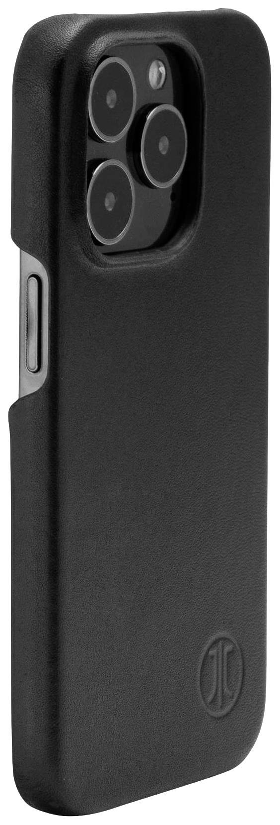 Černý mobilní kryt s výřezem pro objektiv fotoaparátu, boční tlačítka jsou viditelná, minimalistický design s vyraženým logem dole.