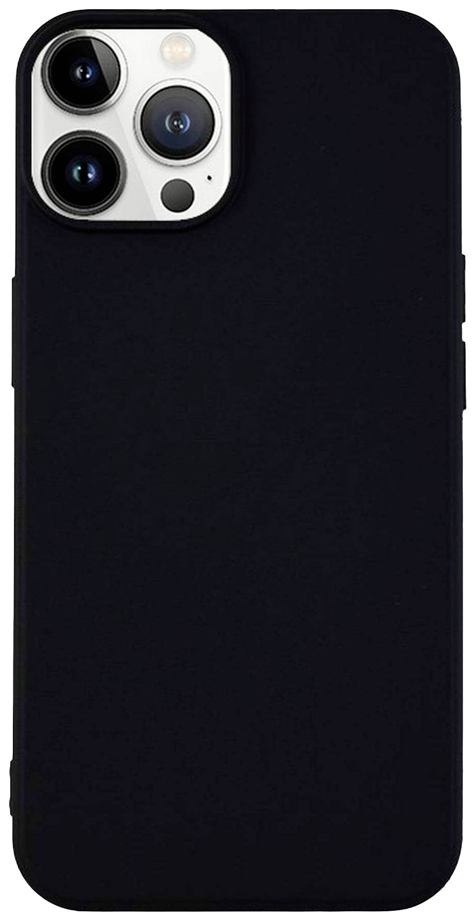 Černý smartphone se třemi kamerovými čočkami a bleskem v horním rohu na zadní straně.