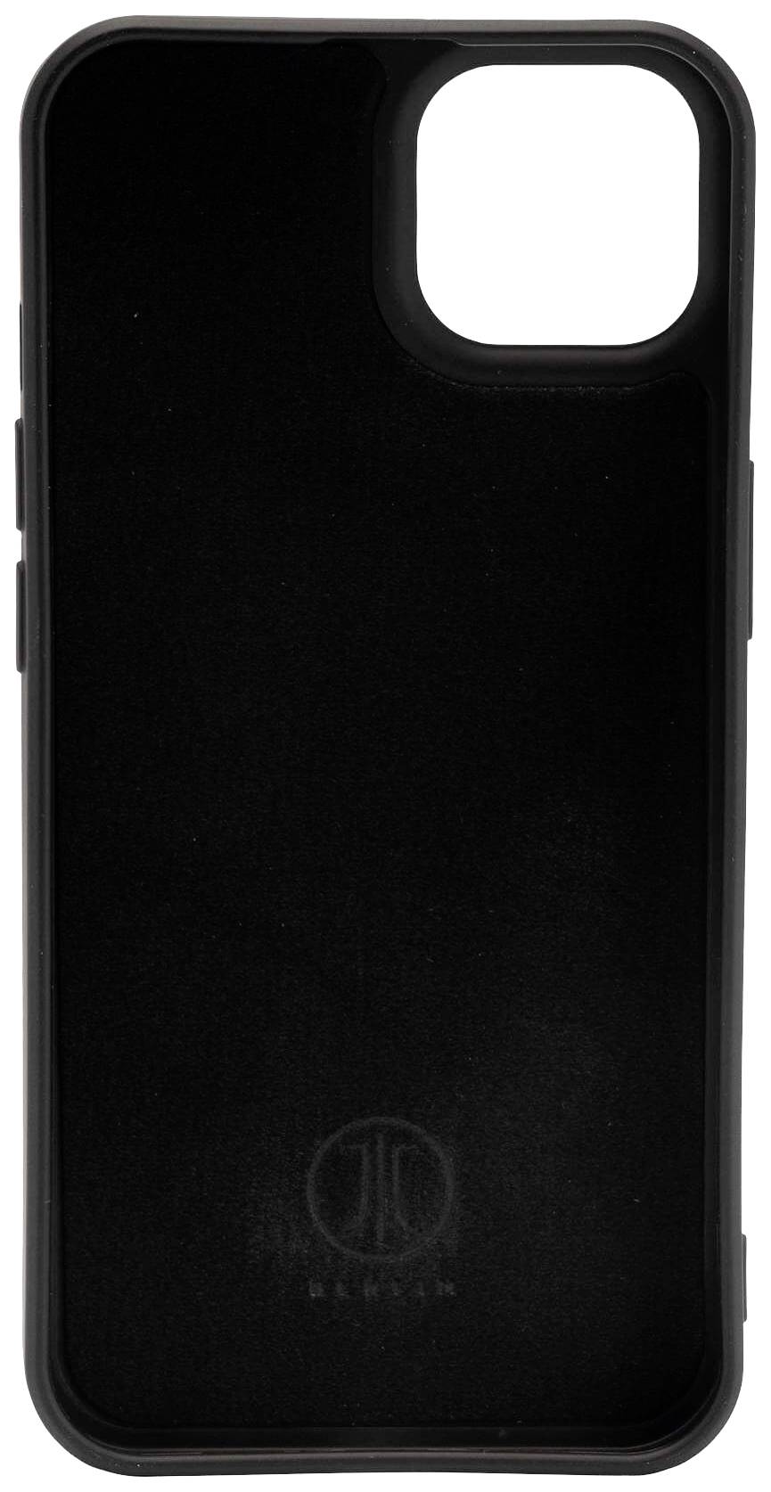 Černý ochranný kryt na smartphone s otvory pro kameru a konektory, jednoduché designové provedení, logo v dolní části.
