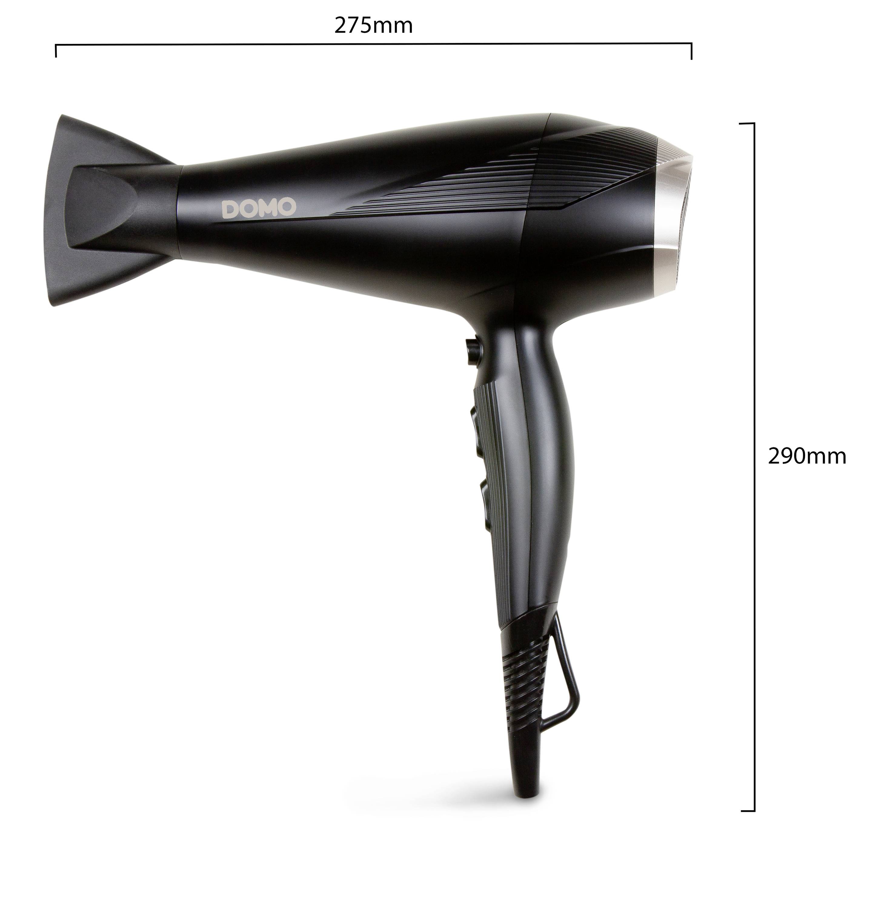 Černý fén značky Domo, rozměry: 275 mm délka, 290 mm výška.
