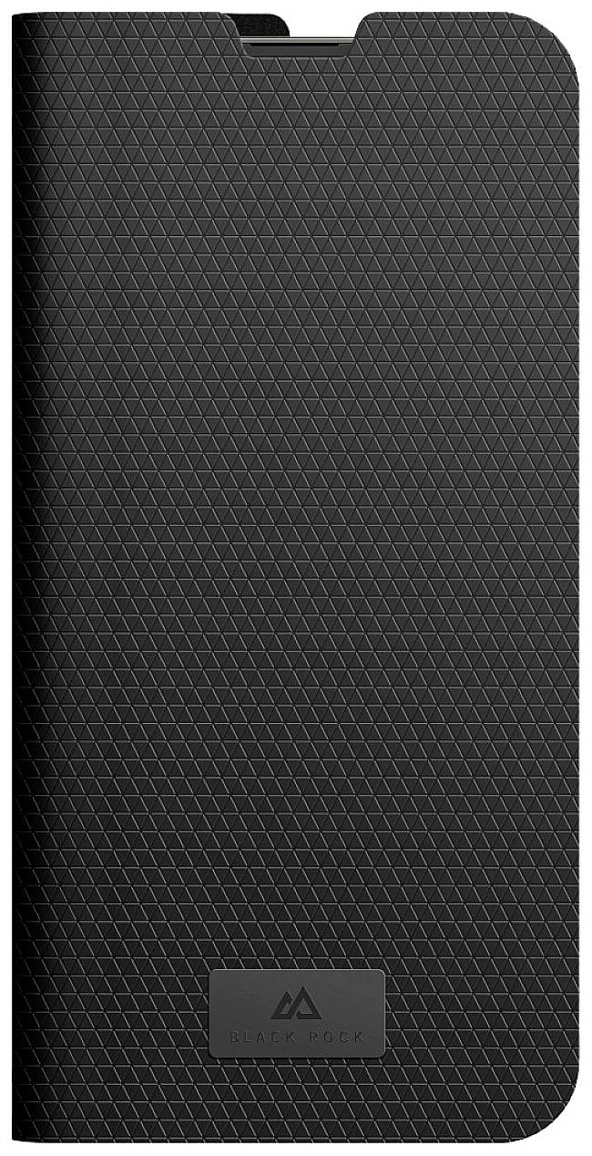 Černý flip obal na smartphone s geometrickým vzorem a jemným logem značky dole.