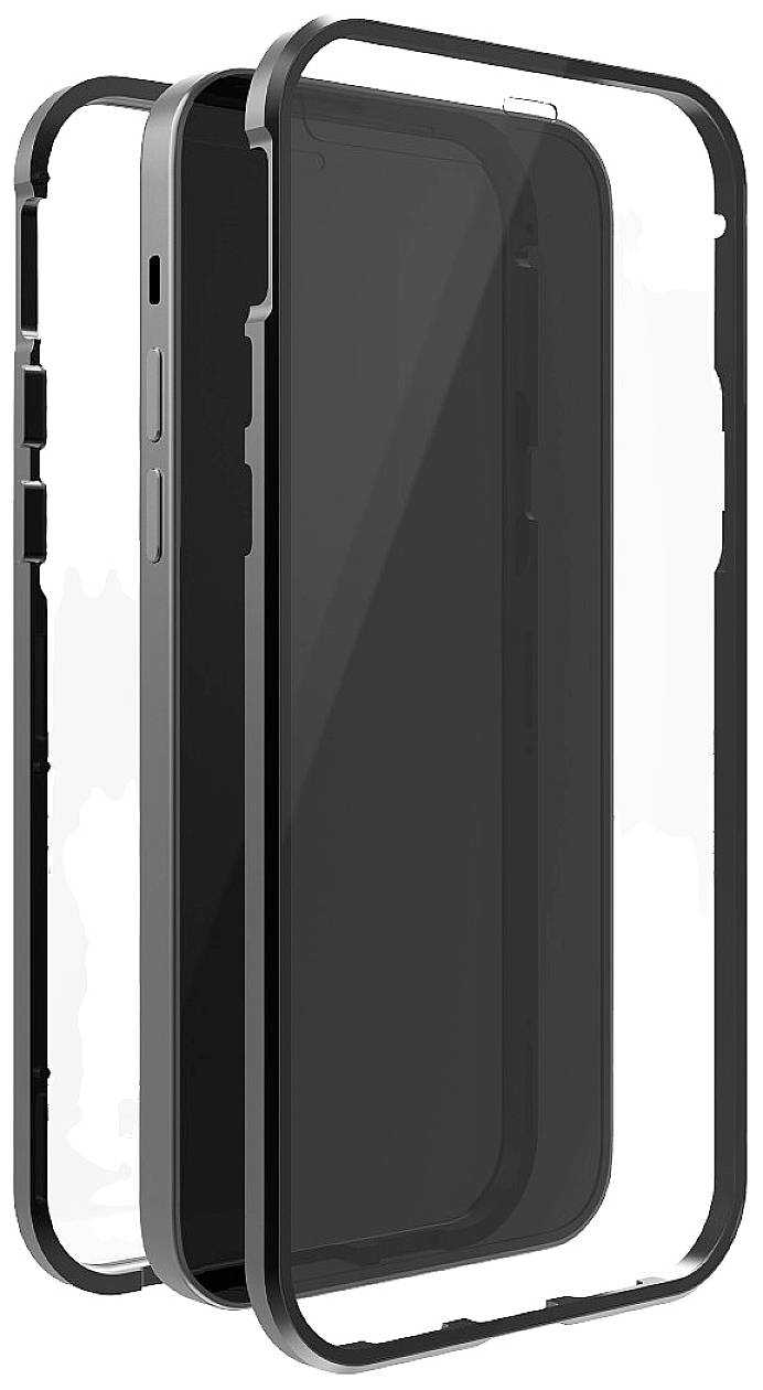 Černý obal na smartphone s průhledným zadním dílem, skládající se ze dvou částí. Poskytuje celkovou ochranu zařízení.