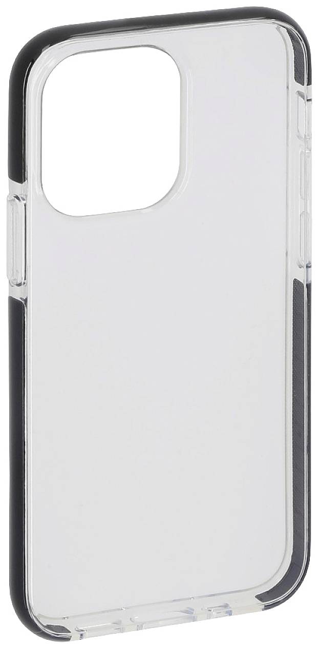 Průhledný mobilní kryt s černým lemováním, vhodný pro smartphone, ukazující hladký zadní povrch a výřezy pro kamery a tlačítka.