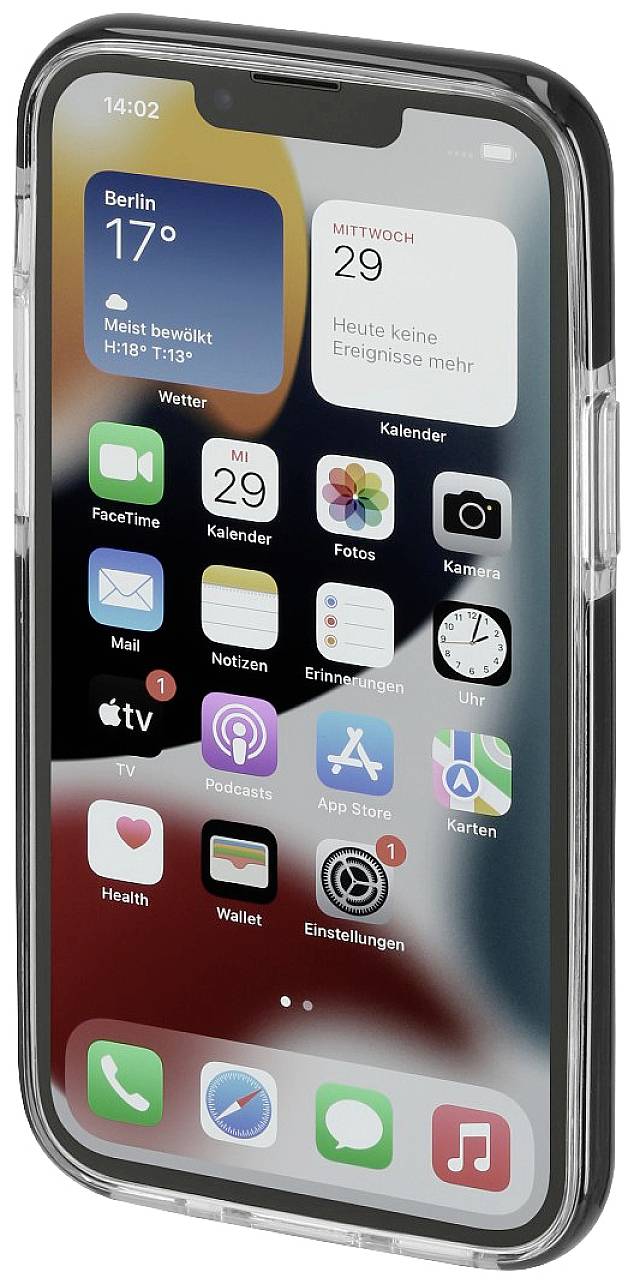 Smartphone s černým tělem zobrazuje úvodní obrazovku s aplikací počasí '17°C, Berlín', kalendářem 'Středa, 29' a různými ikonami aplikací.