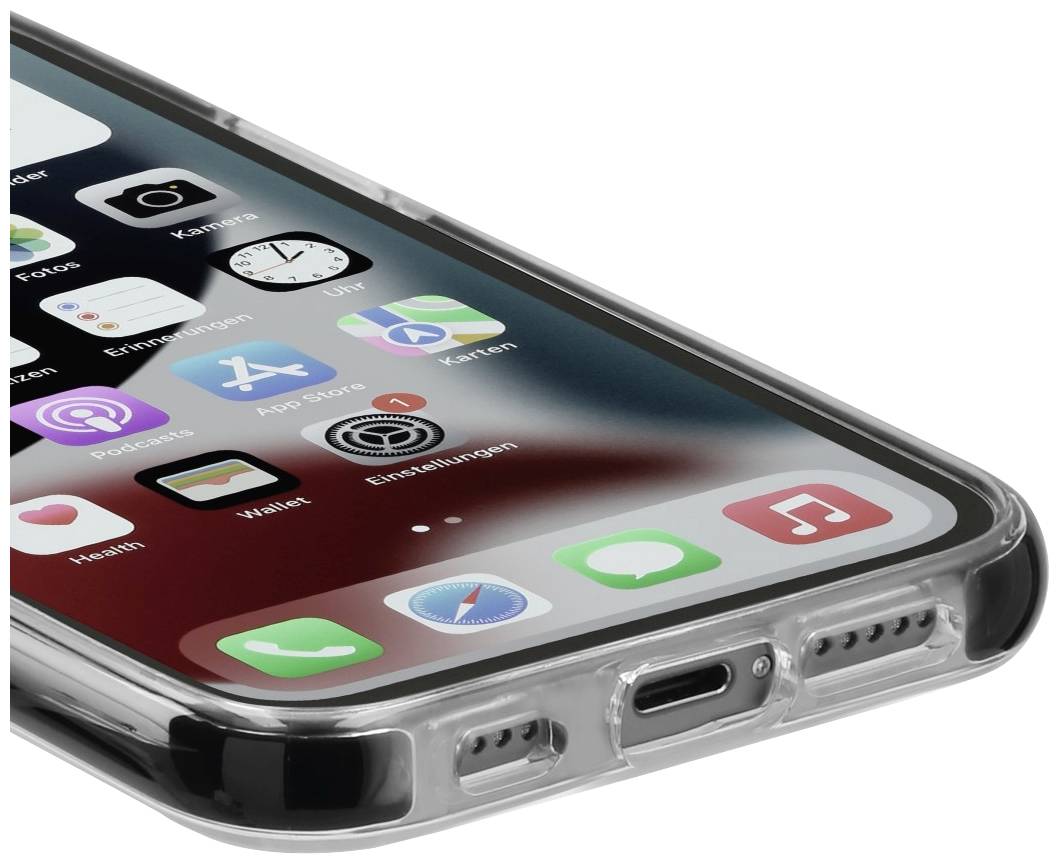 Černý smartphone s průhledným pouzdrem zobrazuje úvodní obrazovku s několika ikonami aplikací a hodinami nahoře.
