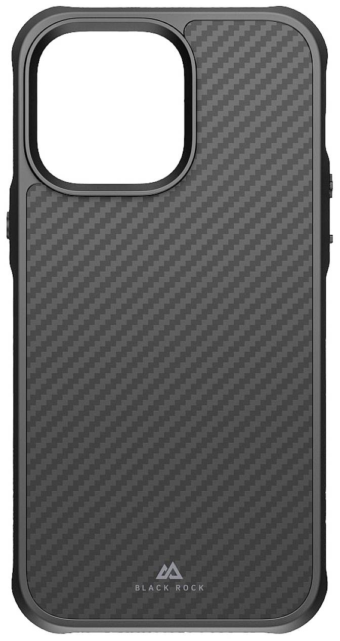 Černý obal na smartphone s designem karbonových vláken. Nahoře vlevo otvor pro fotoaparát. Dole jemné logo 'Black Rock'.