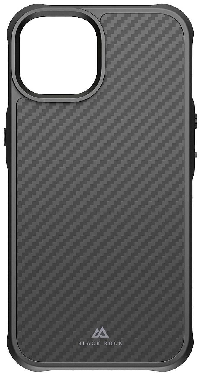 Ochranný kryt na smartphone s designem karbonových vláken, obdélníkový výřez fotoaparátu v levém horním rohu, černé logo 'BLACK ROCK' dole.