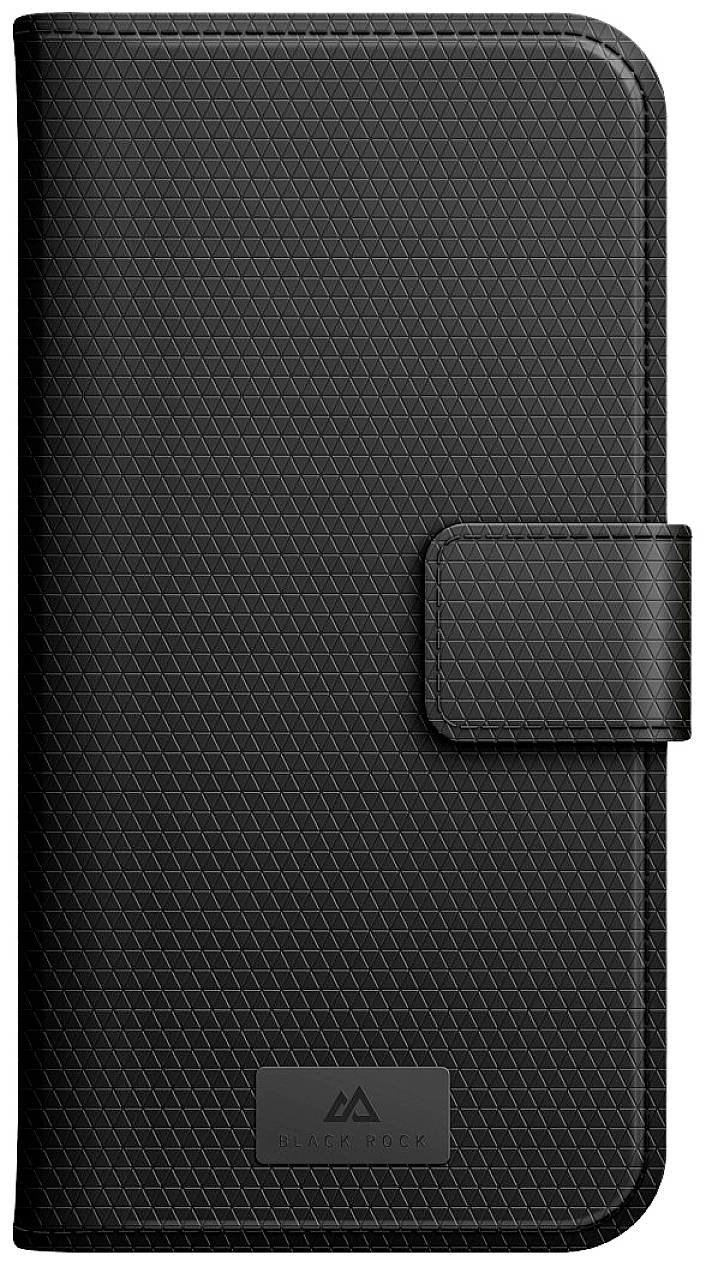 Černý vzorovaný obal na smartphone s magnetickým zapínáním, vhodný pro různé modely mobilních telefonů. Elegantní a funkční design.