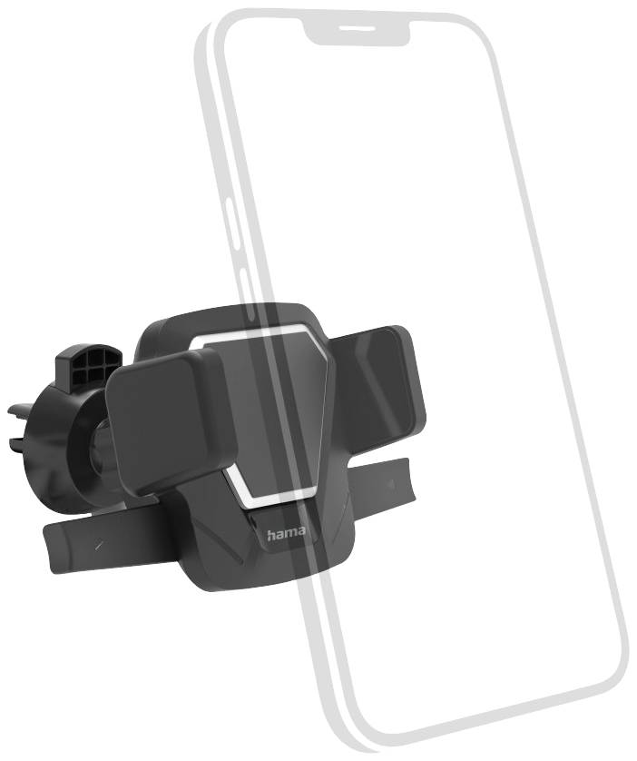 Držák smartphonu do auta, černý, určený pro upevnění na větrací mřížky. Průhledná silueta smartphonu znázorňuje umístění.