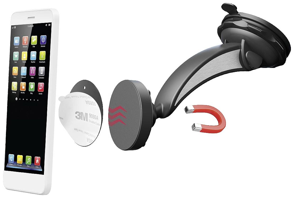 Držák na smartphone: Ukazuje mobilní telefon, magnetický držák, kovový kroužek a malý magnet, aby předvedl sestavu.