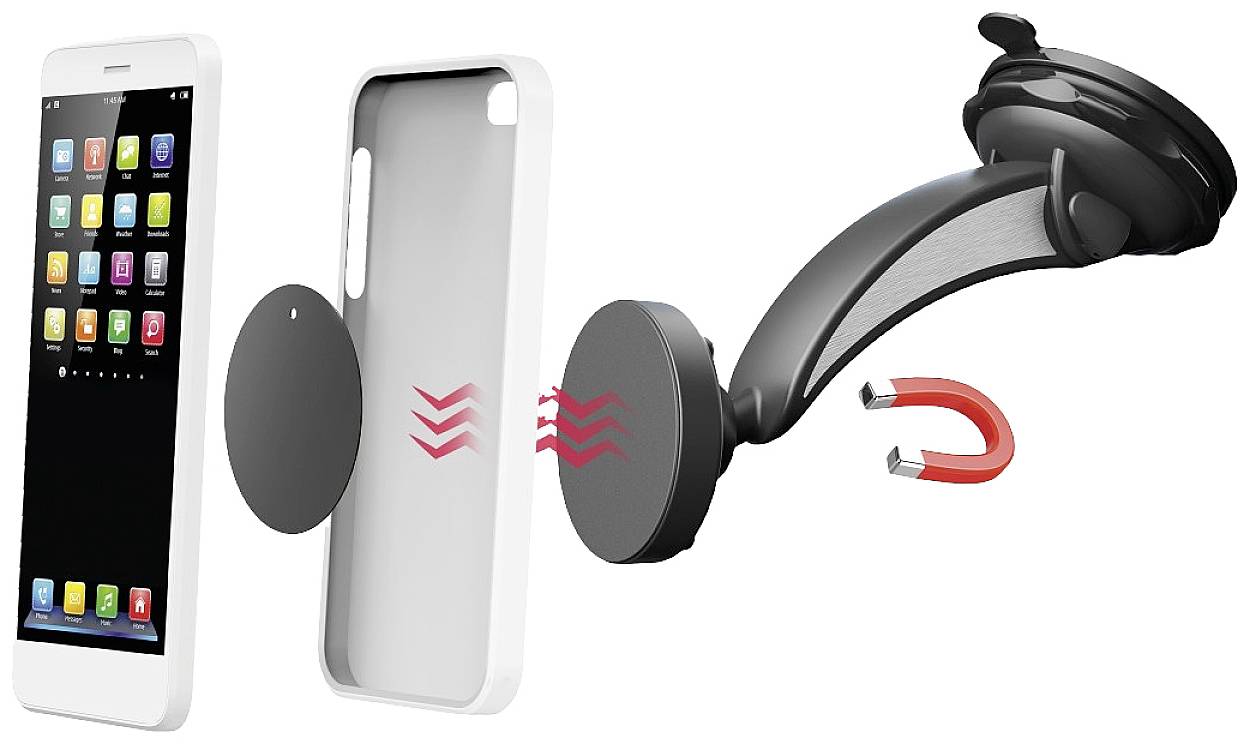 Smartphone s magnetickým držákem s obalem; ukazuje magnetické propojení mezi držákem a pouzdrem mobilního telefonu.