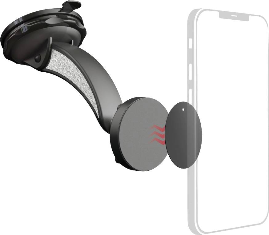 Praktický držák s přísavkou pro upevnění na čelní sklo a magnetickou deskou pro uchycení ke smartphonu.