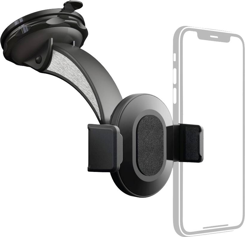 Držák smartphonu do auta s přísavkou pro upevnění na čelní sklo, umístěný vedle náčrtku obrysu telefonu.