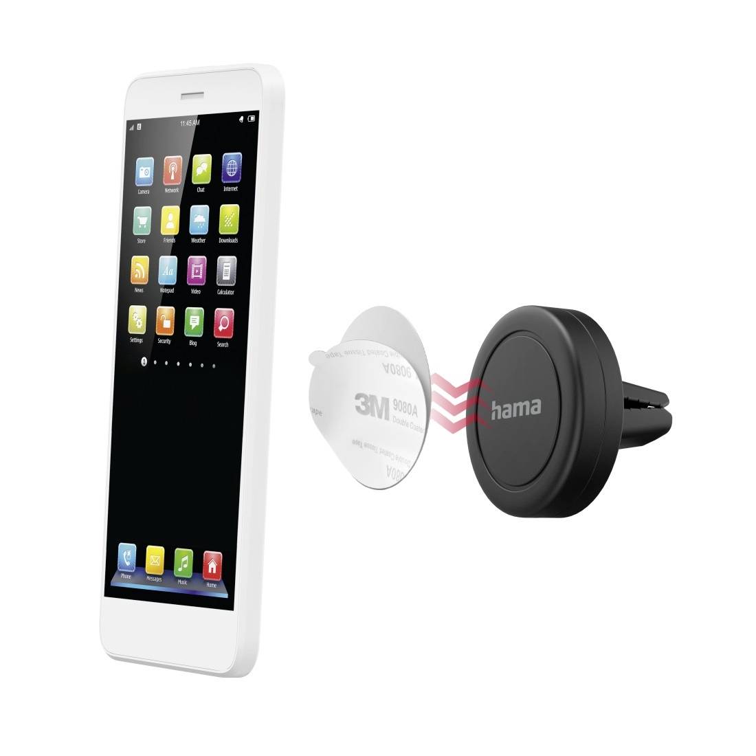 Držák na smartphone s magnetickým upevněním zobrazuje telefon a adaptér. Vhodný pro uchycení telefonu v automobilu.