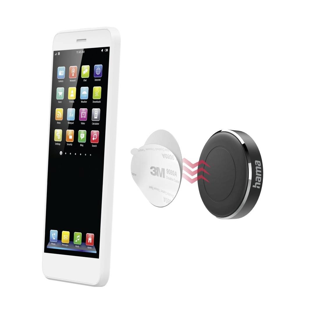 'Smartphone s aplikacemi visí vedle magnetického držáku telefonu od firmy hama, který zobrazuje červené vlny magnetické síly.'