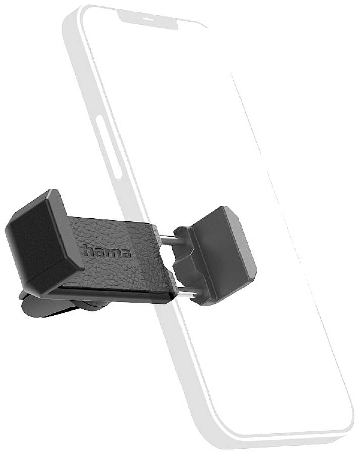 Držák na smartphone se svorkou, vhodný pro upevnění na větrací mřížky v automobilu. Obsahuje gumové úchyty pro stabilní uchycení.