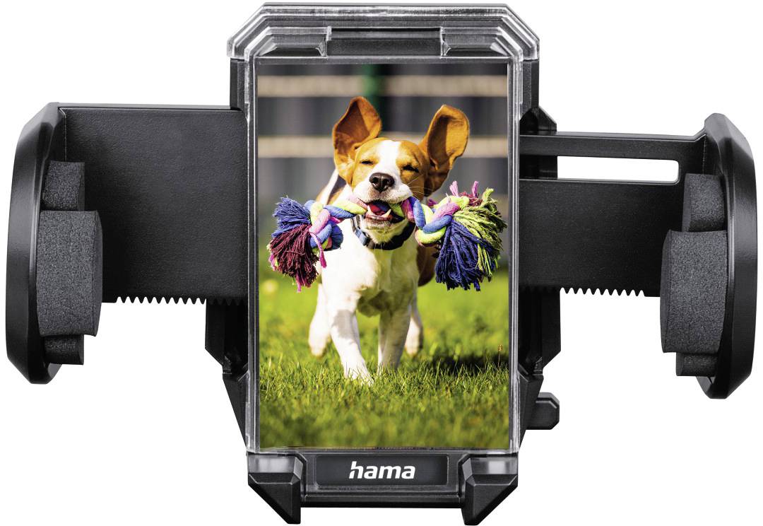 Držák na smartphone zobrazuje fotografii veselého psa, který běží přes louku s barevnou hračkou.