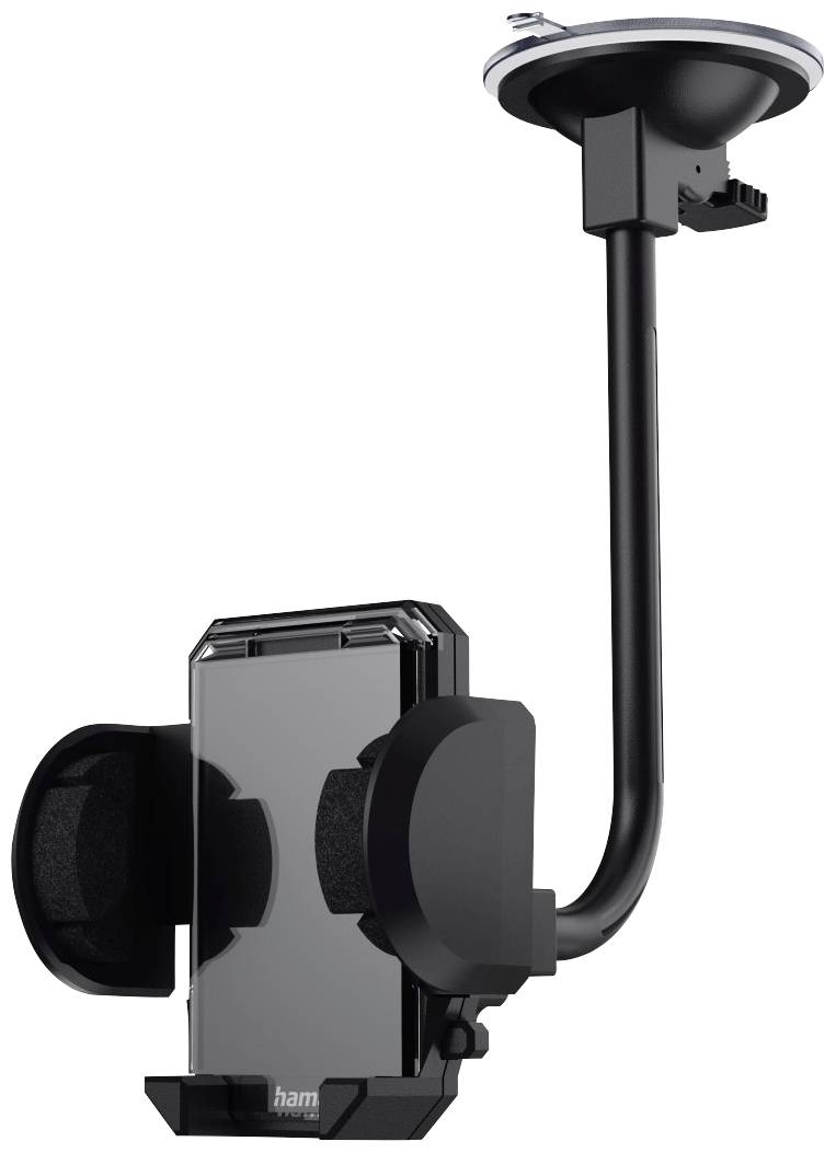 Černý držák do auta s přísavkou a nastavitelným uchycením pro smartphony, vhodný pro upevnění na čelní sklo.