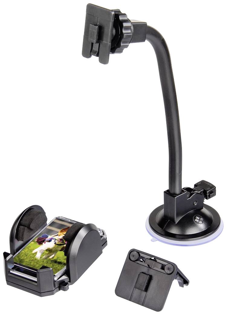 Držák smartphonu s flexibilním ramenem a přísavkou, který obsahuje výměnné svorky pro uchycení různých zařízení.