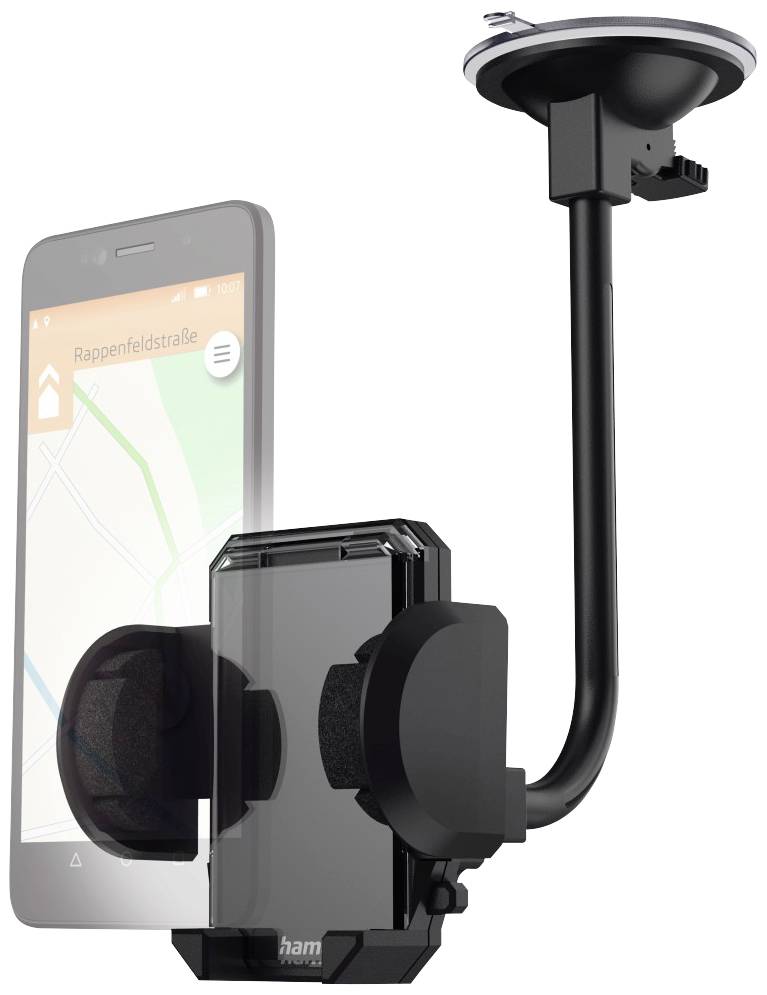 Držák na smartphone se sací přísavkou a flexibilním ramenem. Na držáku je upevněn mobilní telefon s navigační aplikací, který zobrazuje silniční mapu.