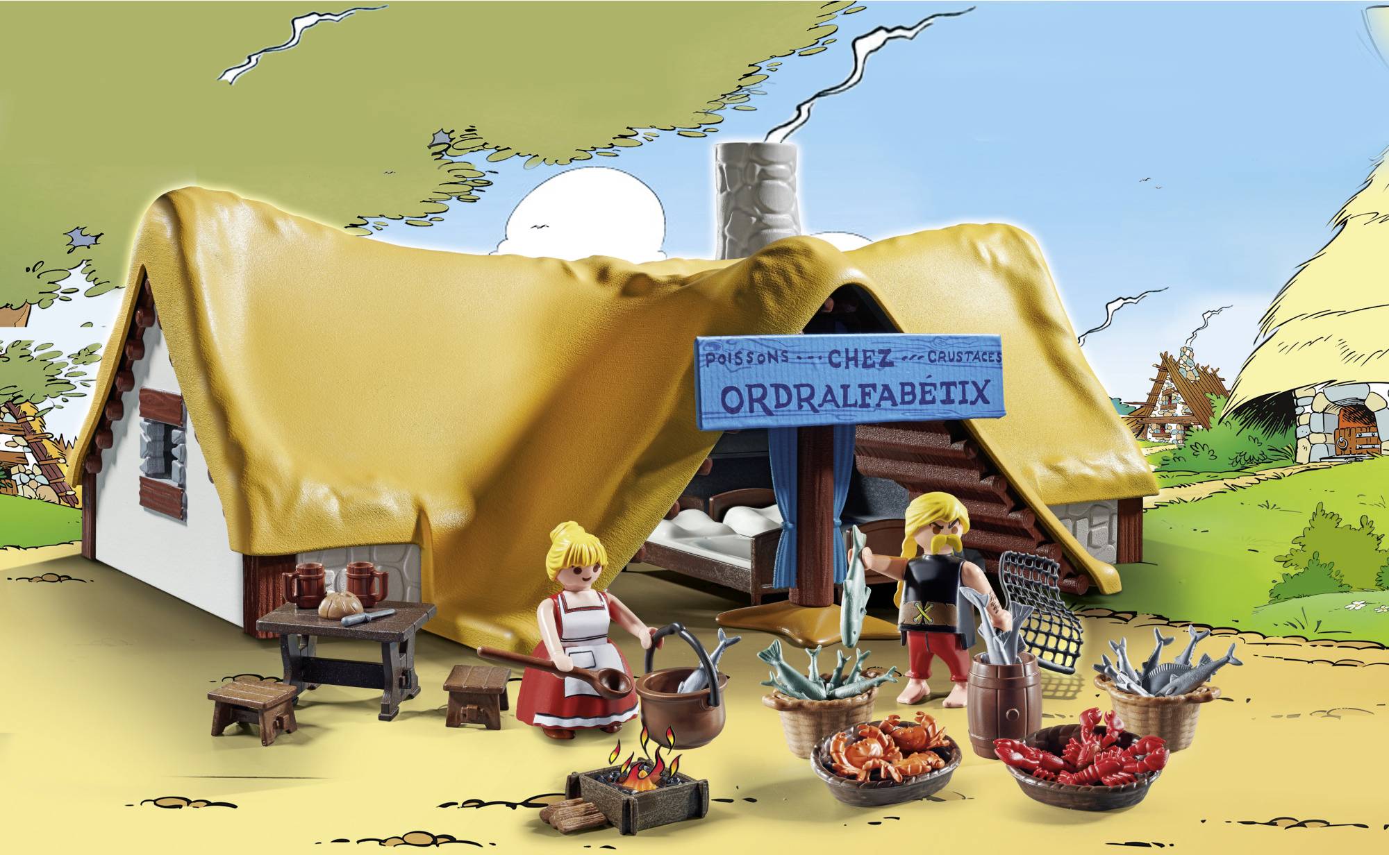 Malý domeček s hračkami se žlutou střechou a dvěma figurkami na zahradě, které vaří ryby a humry. Cedule říká 'Ordralfabetix'.