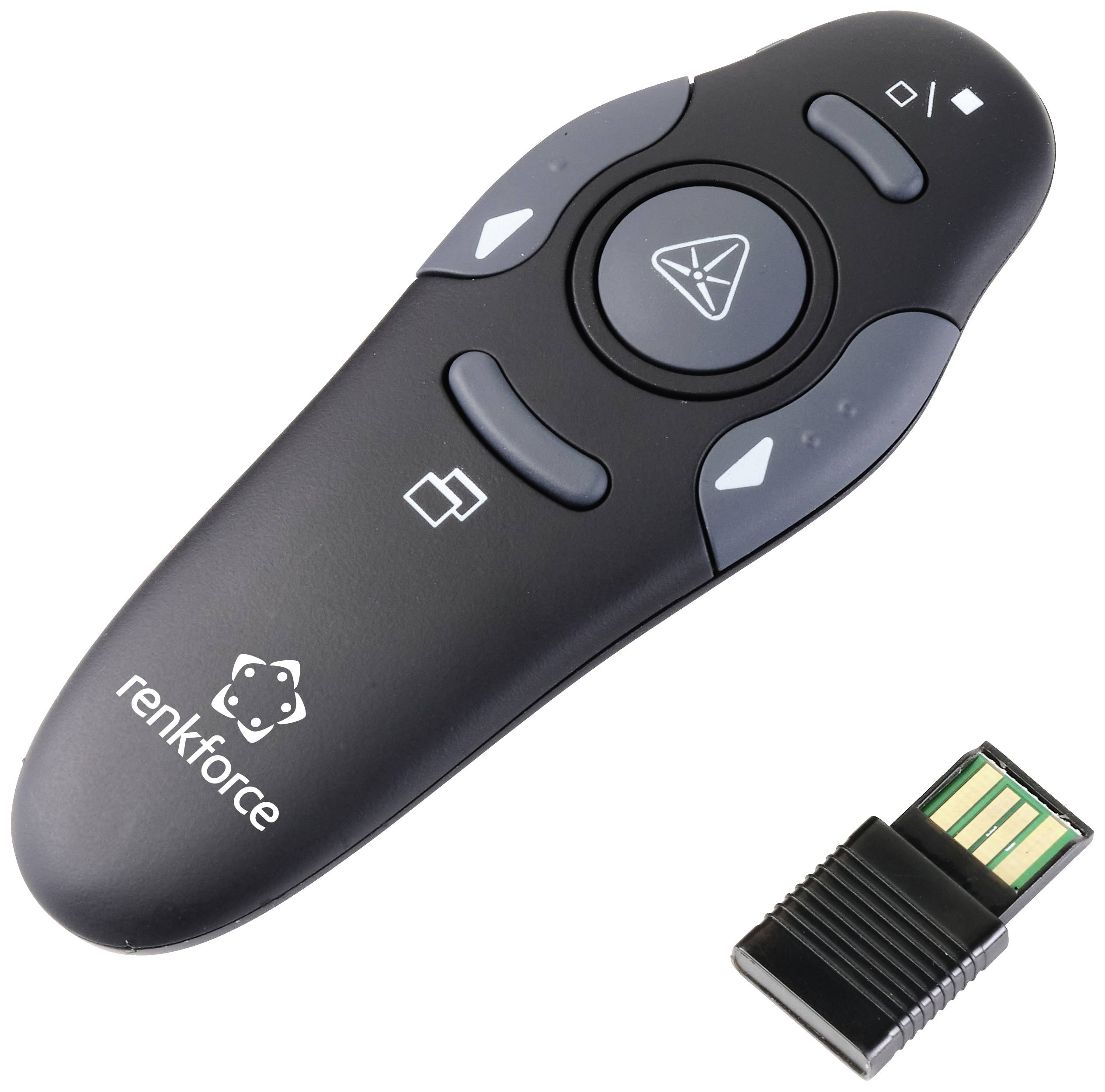 Černý prezentační ukazovátko s USB přijímačem. Ukazuje dopředu s ovládacími tlačítky pro prezentace.