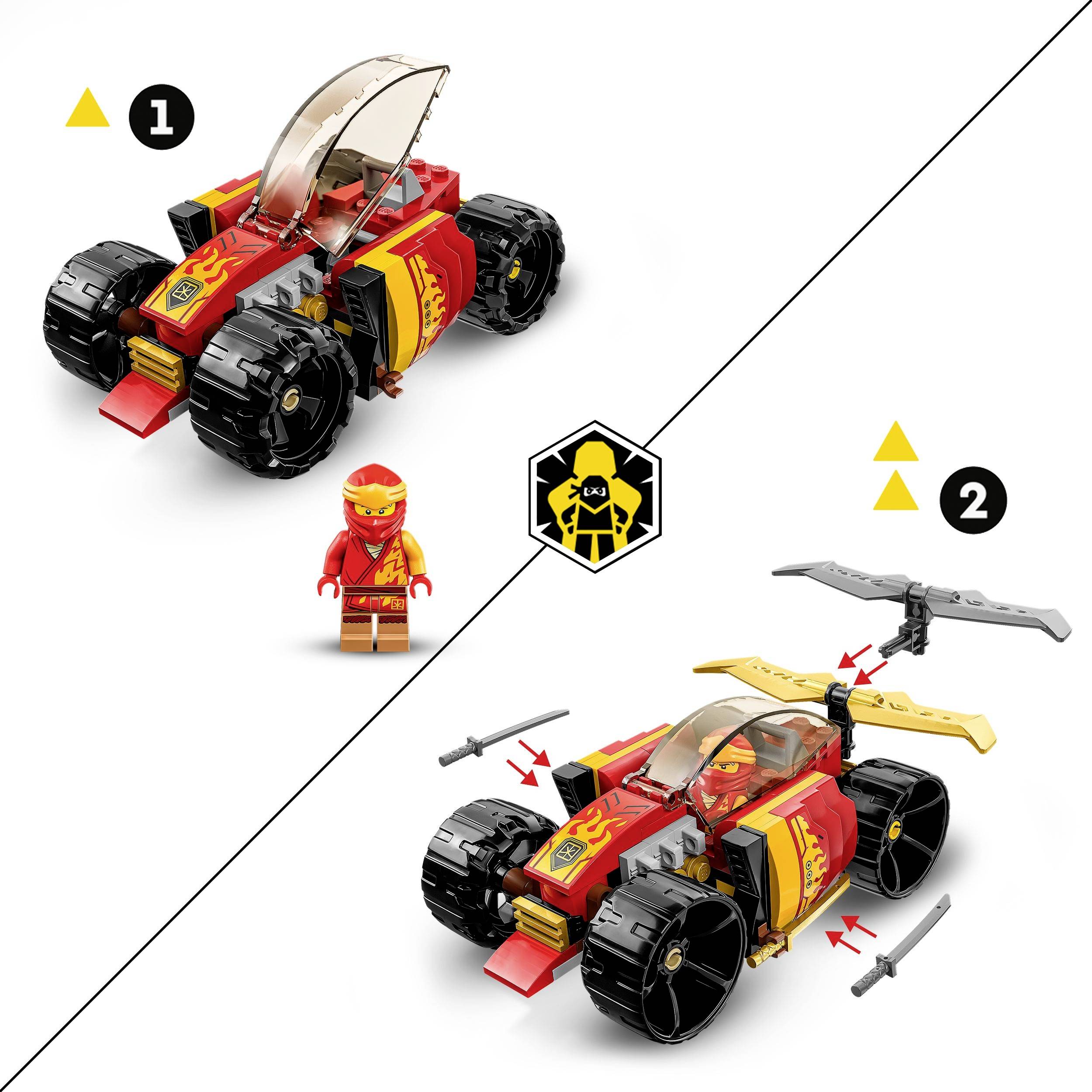 Dvě LEGO auta v červené a žluté barvě. Vlevo: Auto s miniaturní figurkou. Vpravo: Auto s křídly a meči. Styly pro kreativní možnosti stavby.