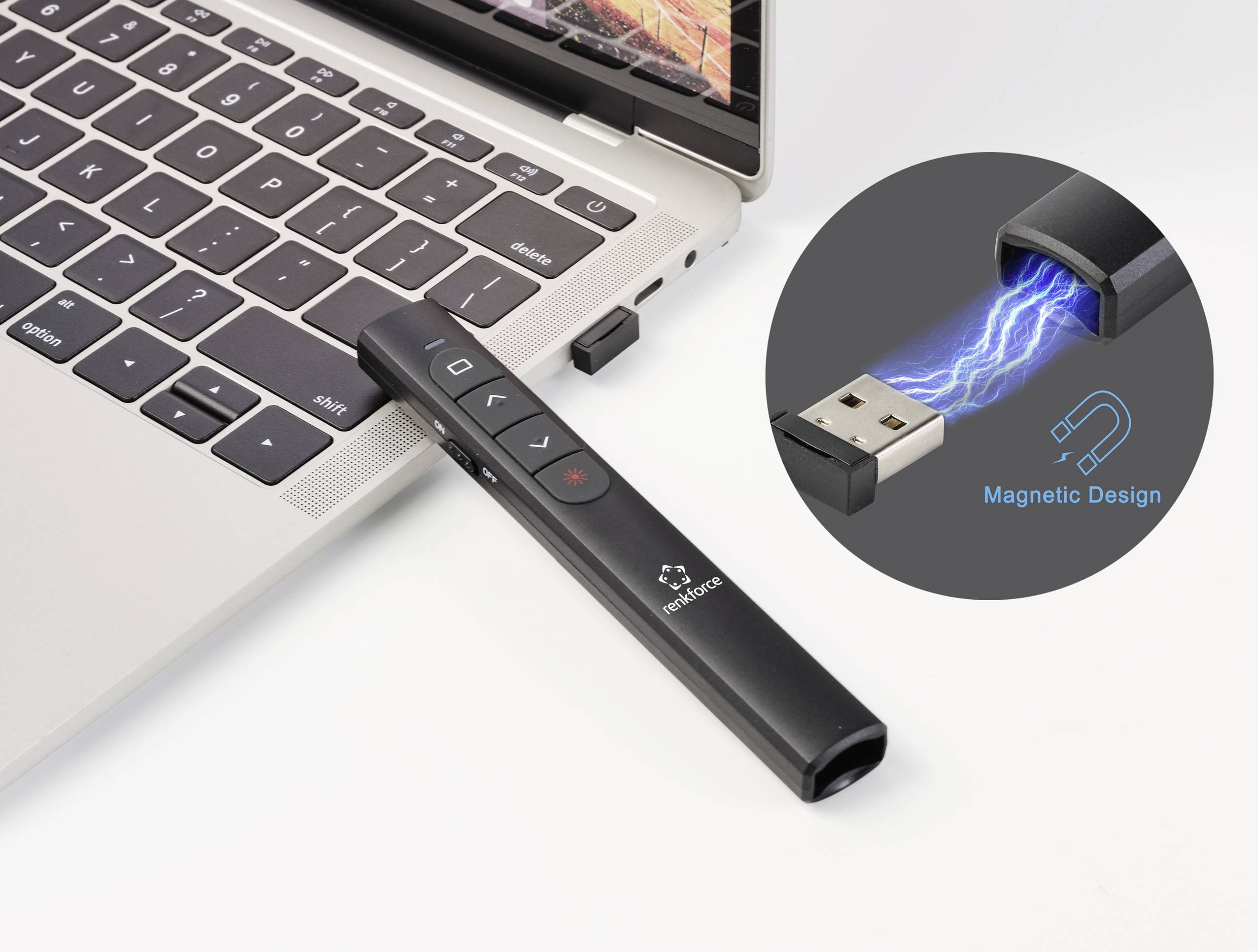 USB prezentační ovladač je připojen k notebooku. Vpravo je grafika znázorňující jeho magnetický design.