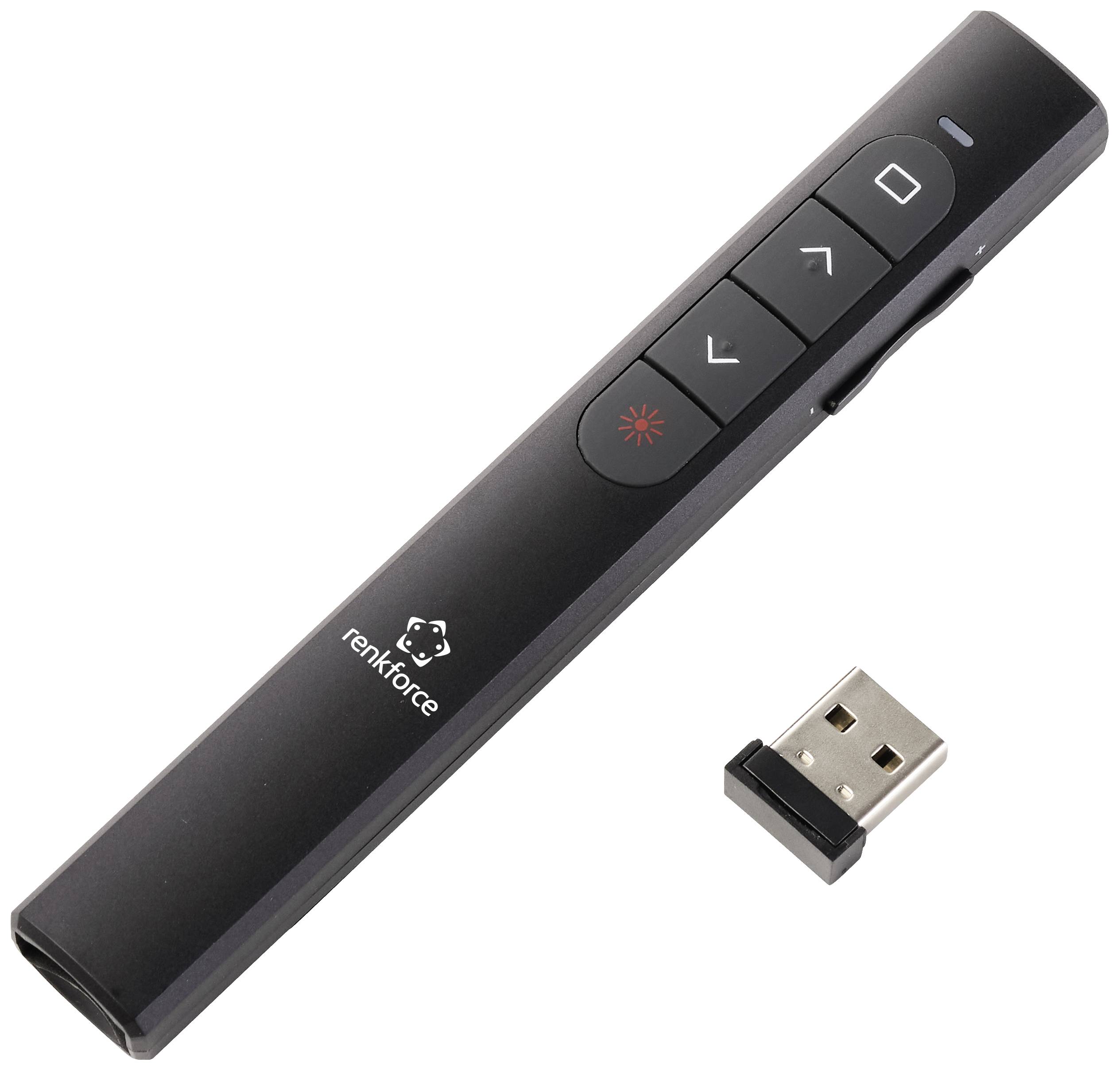 Prezentační dálkový ovladač s USB přijímačem a laserovým ukazovátkem, černý. Viditelné firemní logo, vhodný pro ovládání prezentací.