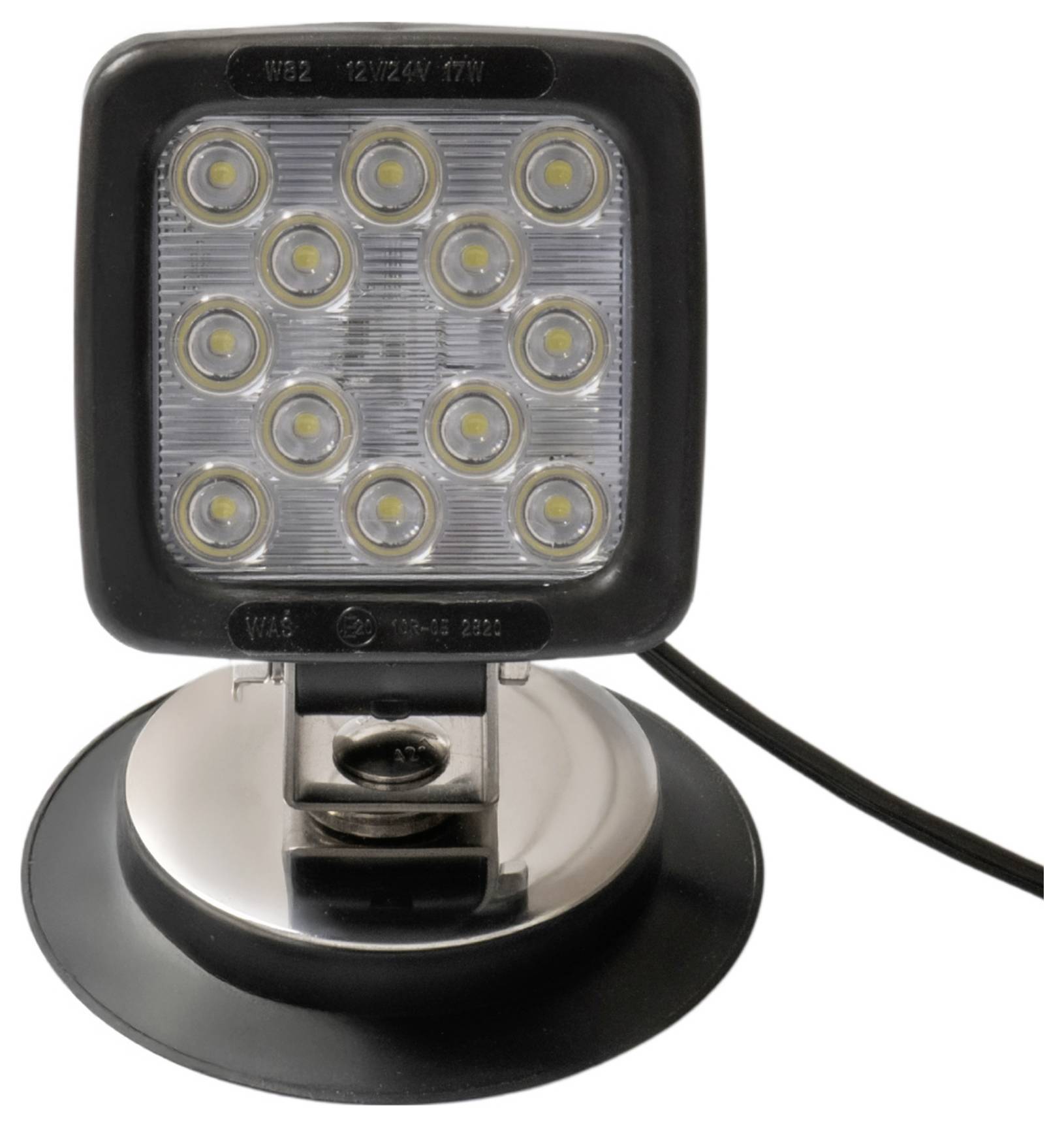 Čtvercový LED pracovní reflektor s 12 světly na kulatém kovovém stojanu. Je připojen černý kabel.