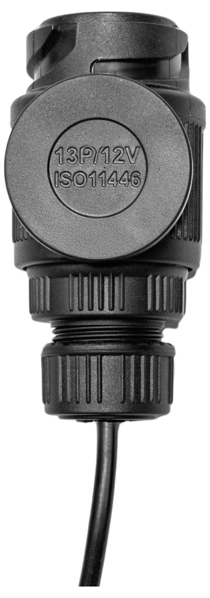 Černý adaptérový konektor s nápisem '13P/12V ISO11446', spojený s kabelem.
