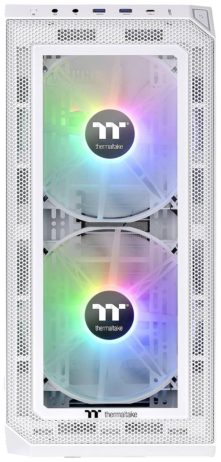 Počítačová věž v bílé barvě se dvěma velkými ventilátory, které mají RGB LED a svítí v různých barvách. Nahoře jsou viditelné USB porty.