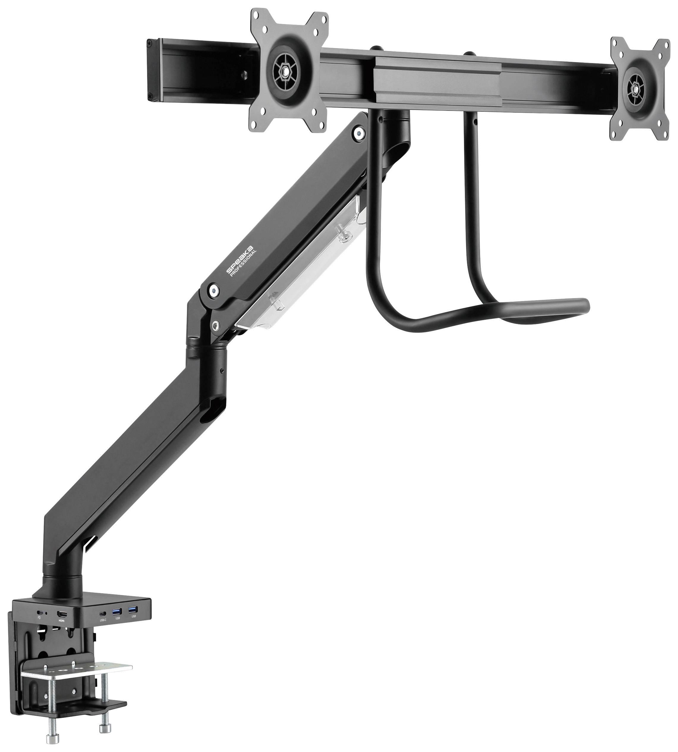 Nastavitelný držák monitoru upevněný ke stolu se dvěma uchyceními pro monitory, určený pro ergonomické uspořádání pracoviště.
