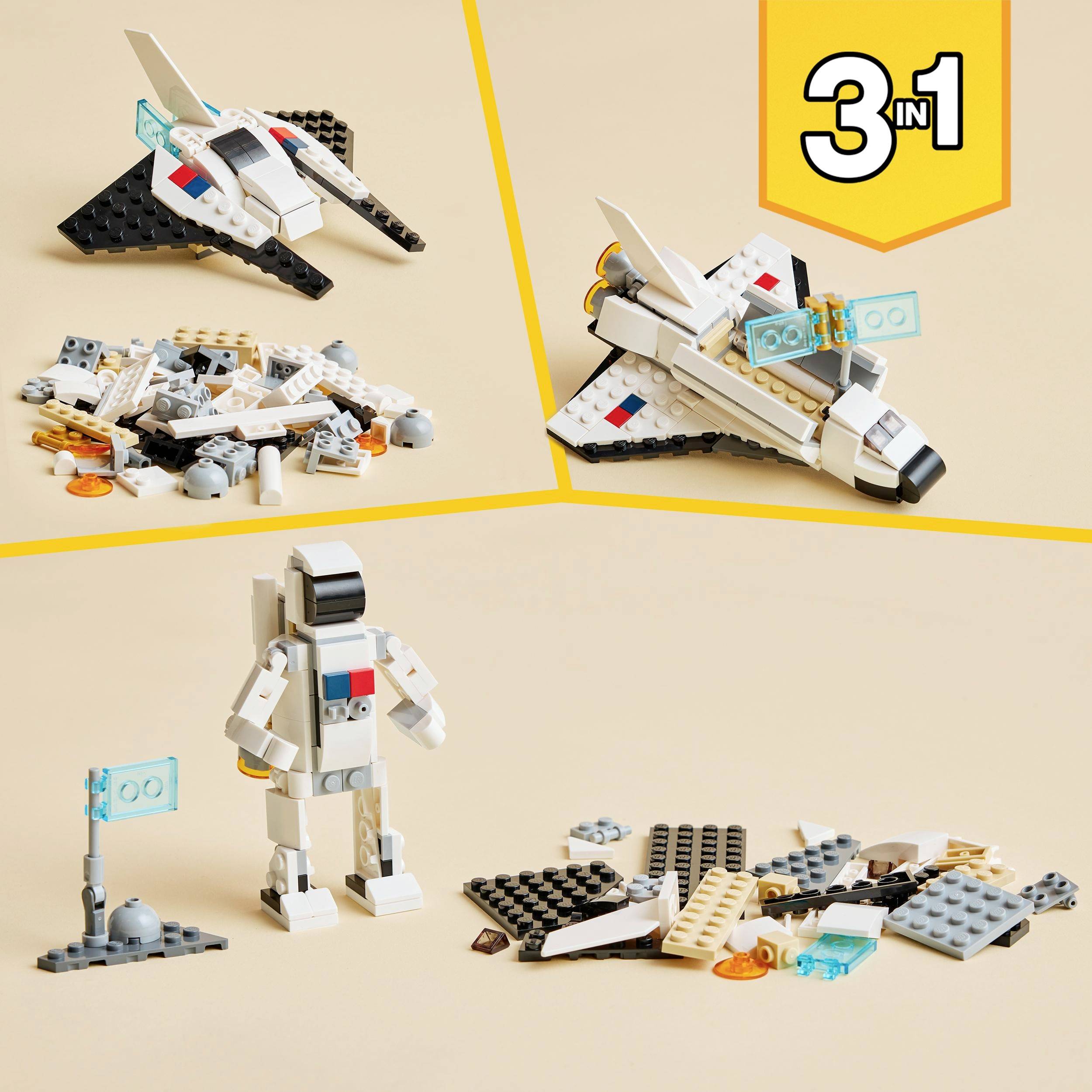 Sada LEGO se vesmírnou lodí, robotem a měsíční krajinou. V žlutém poli vpravo nahoře je napsáno '3 v 1'.