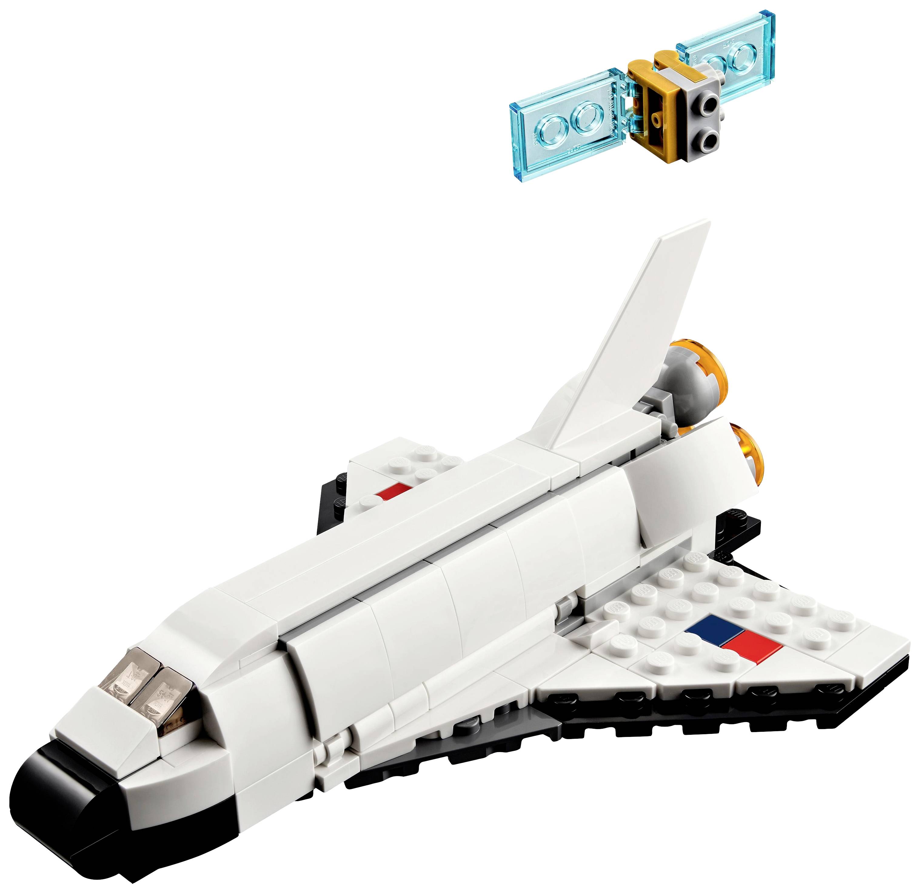 Bílý raketoplán LEGO s dvěma oranžovými motory a pohyblivými křídly. Nahoře vznáší malý LEGO satelit.