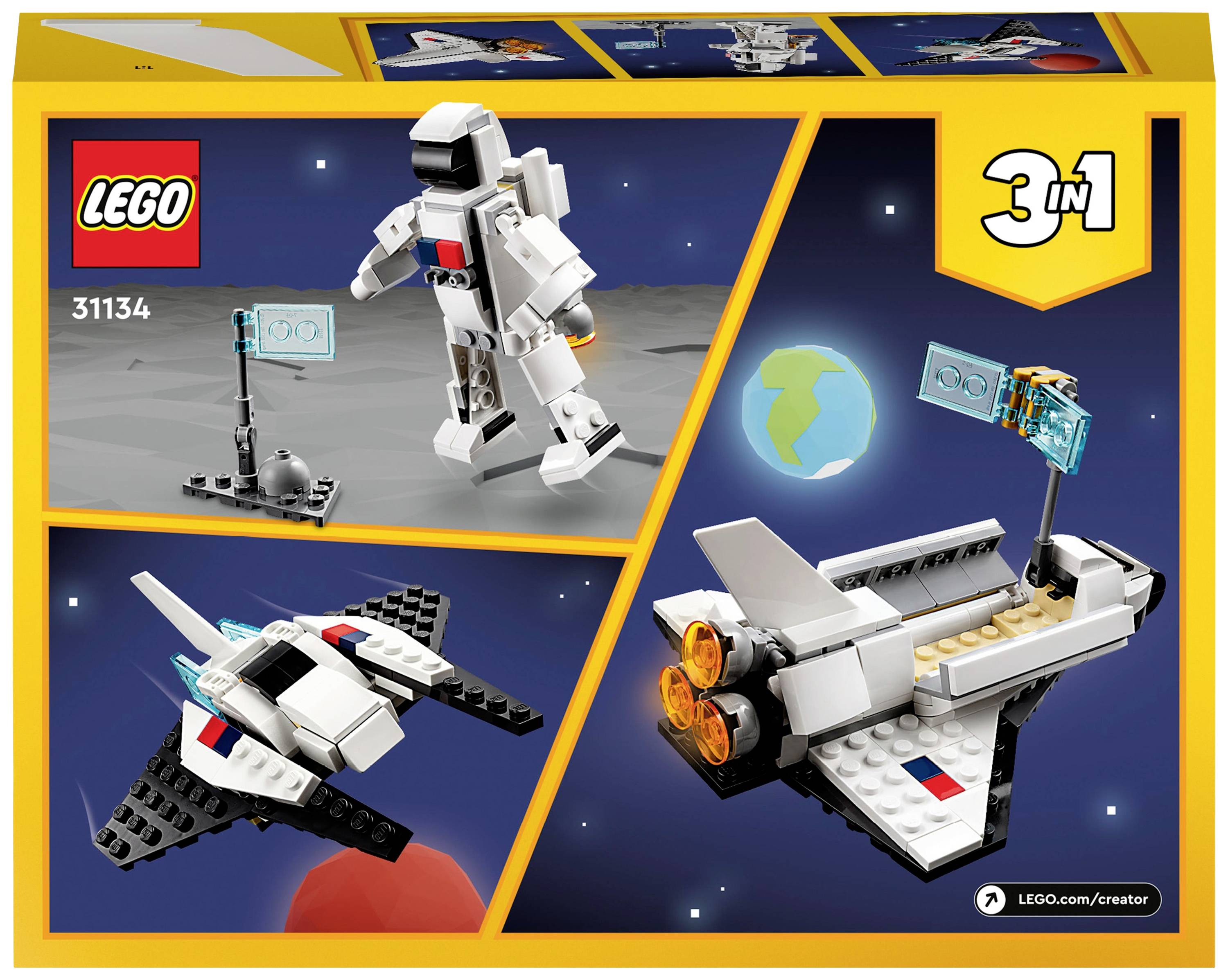 LEGO 3-in-1 sada 31134 s astronautem, kosmickou lodí a měsíčním povrchem. Vhodná pro kreativní stavební projekty s několika modely.