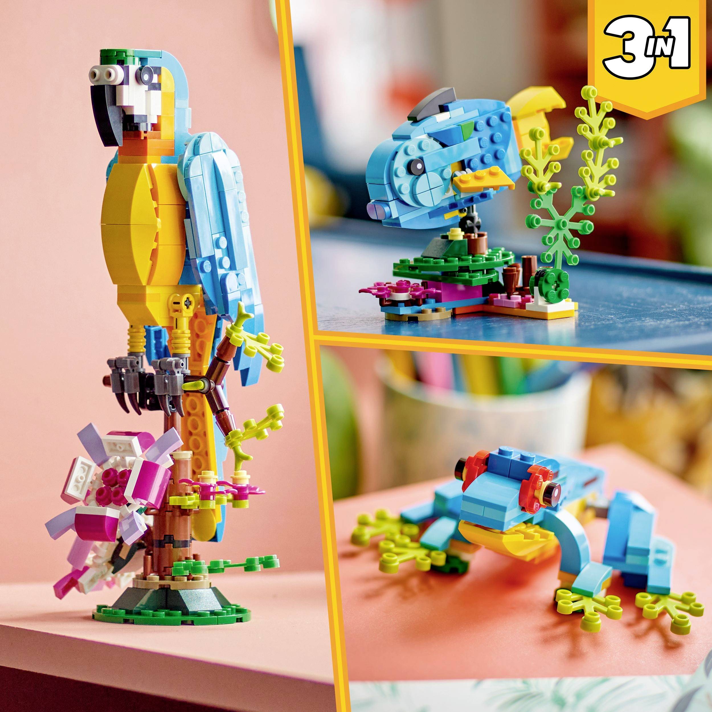 Barevné LEGO stavby: Papoušek na větvi, modrá ryba ve vodě s rostlinami, žába na povrchu. Text '3 v 1' v rohu.
