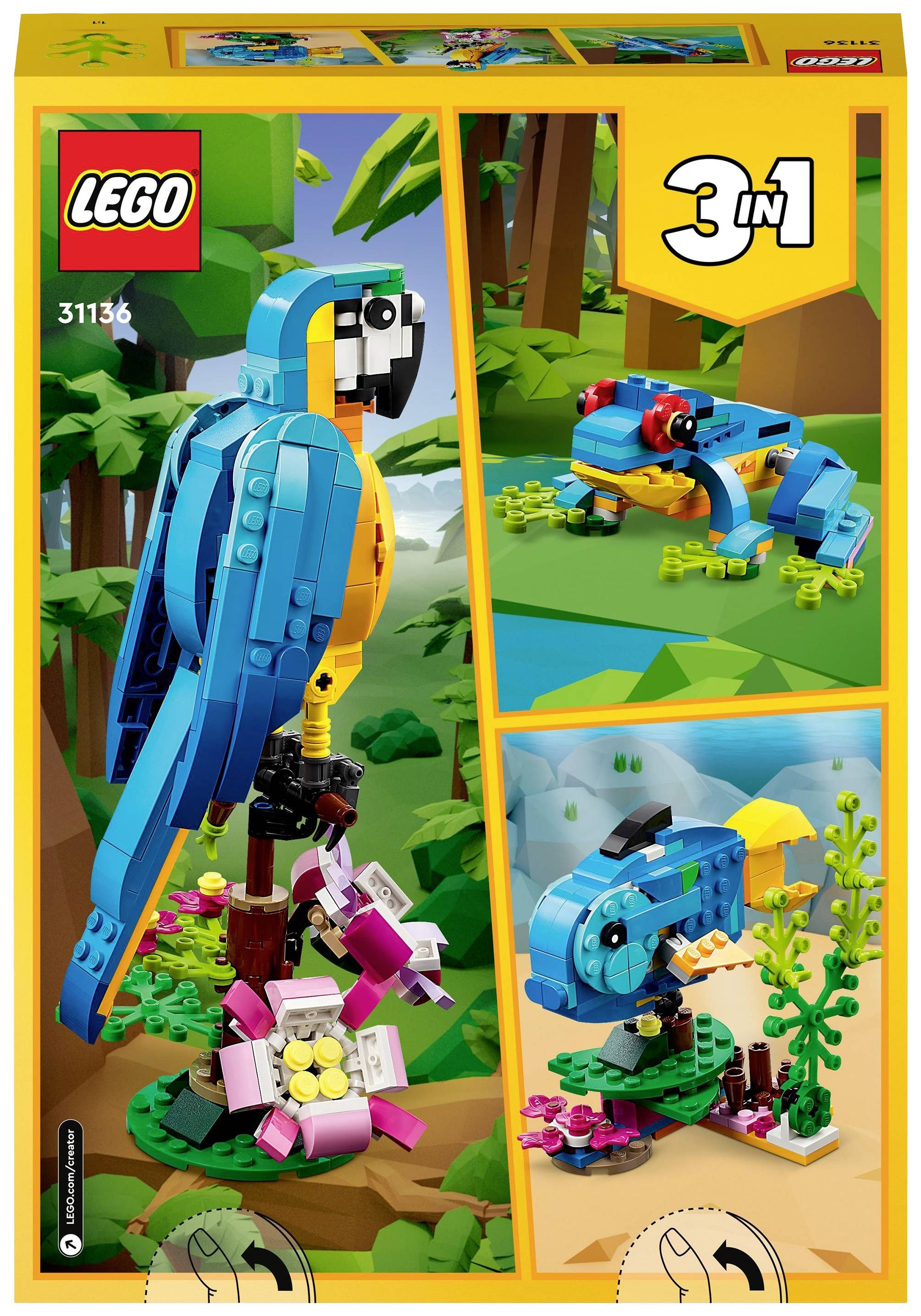 Balení LEGO sady 31136 'Papoušek' zobrazuje 3 varianty v 1: papoušek, žába, ryby. Tropické téma, barevné stavební dílky.