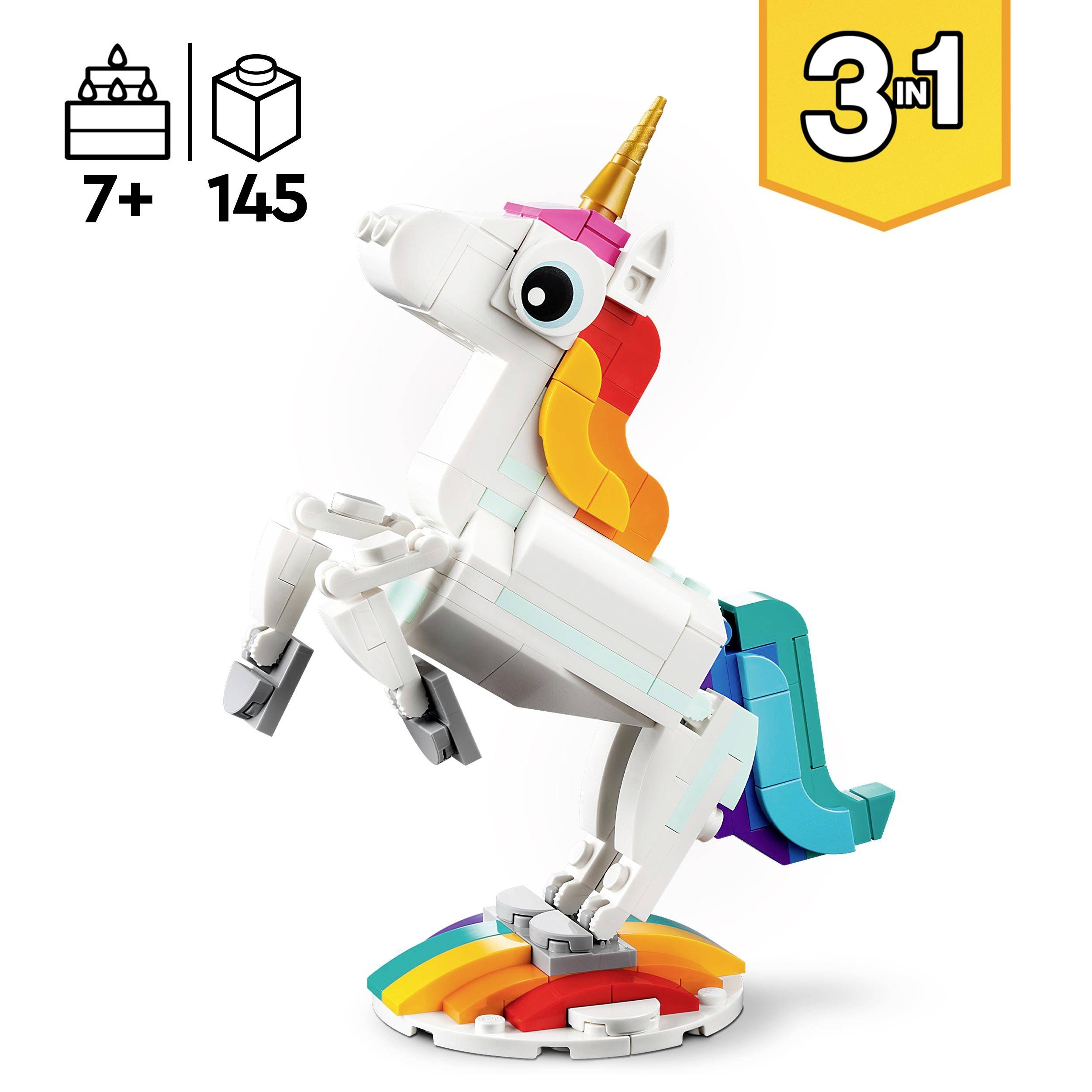 Bílý LEGO jednorožec s barevným ocasem a hřívou, doporučeno pro děti od 7 let, 145 dílků. Stavebnice umožňuje sestavení tří různých modelů.
