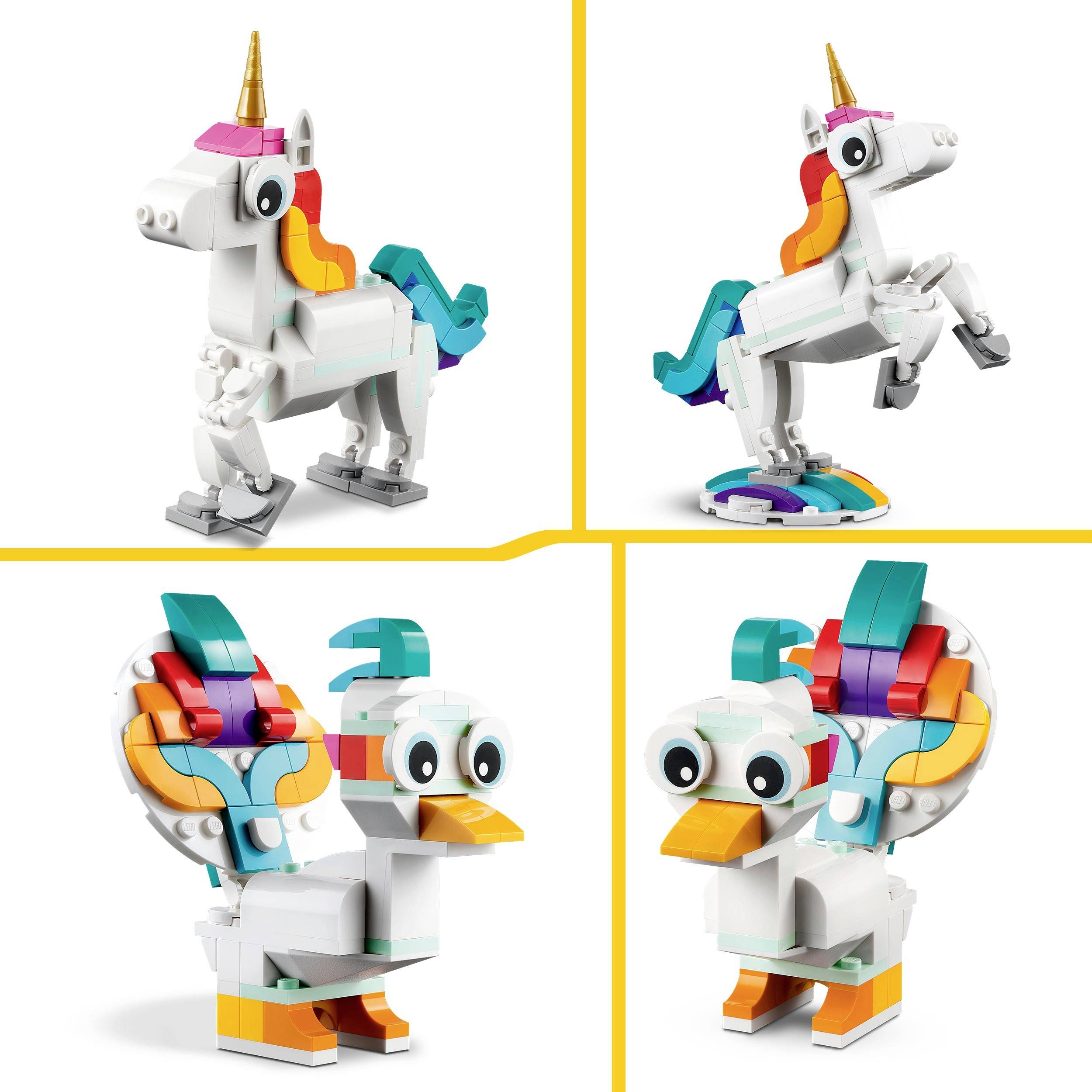 Čtyřbarevné LEGO modely zvířat: jednorožec a kachna složení z barevných stavebních kostek.