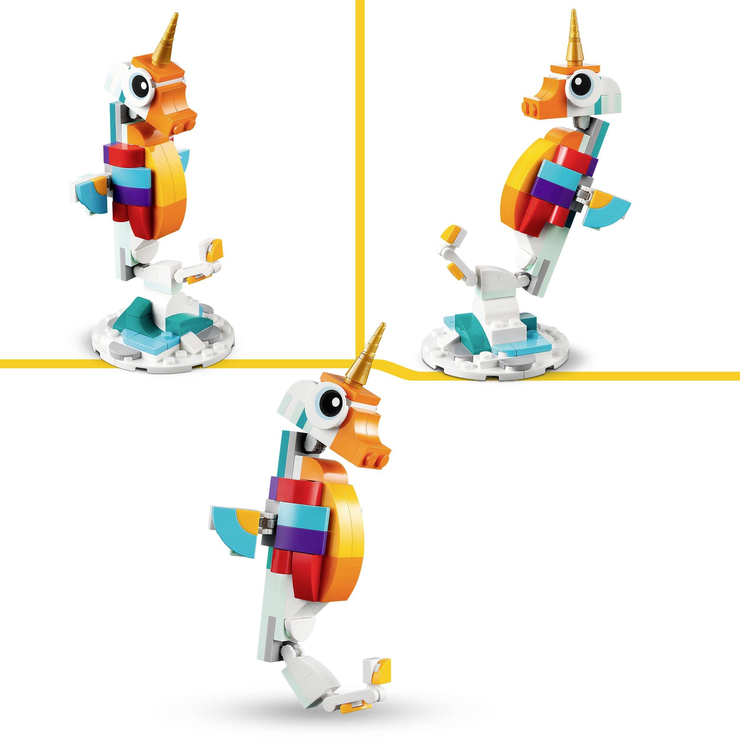 Barevný, válcovitý LEGO jednorožčí pes s křídly, zobrazený ze tří úhlů pohledu. Stojí na bílém podstavci.