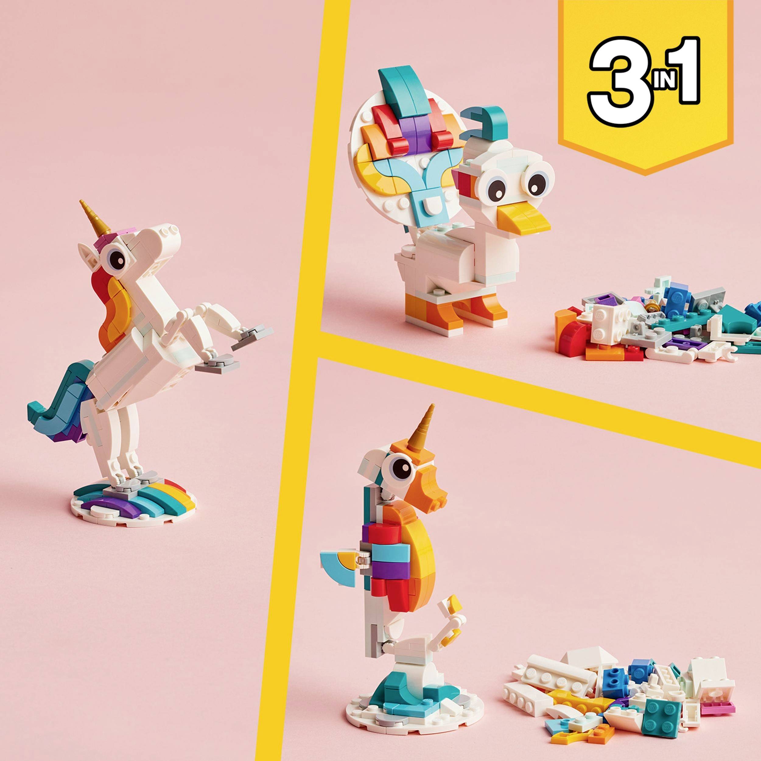 Barevná 3-in-1 sada Lego na růžovém pozadí. Zobrazuje jednorožce, papouška a robota jako možné stavebnice.