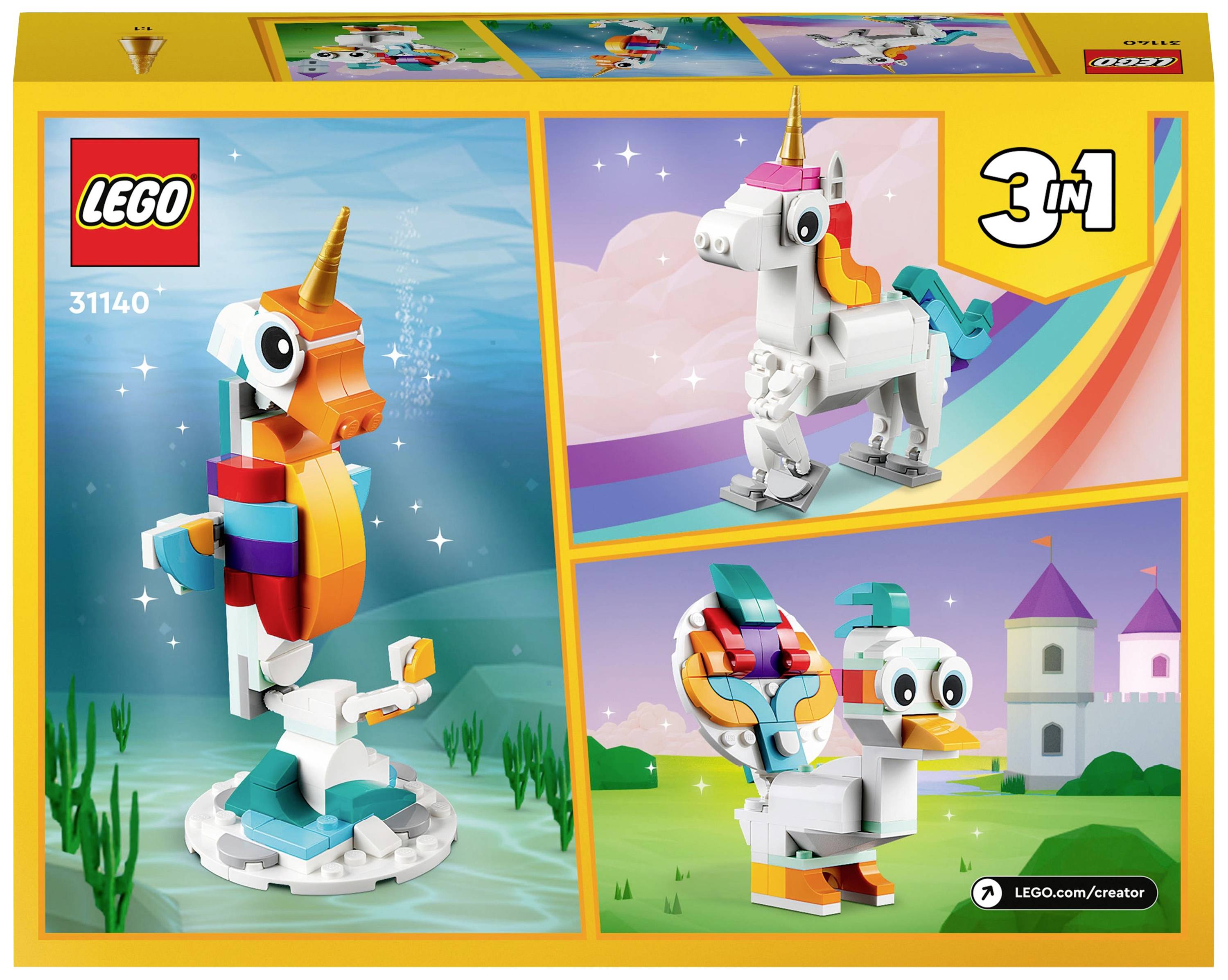 Sada LEGO 31140: Stavební varianty zahrnují jednorožce na vodní hladině, papoušeka před zámkem a dalšího ptáka.