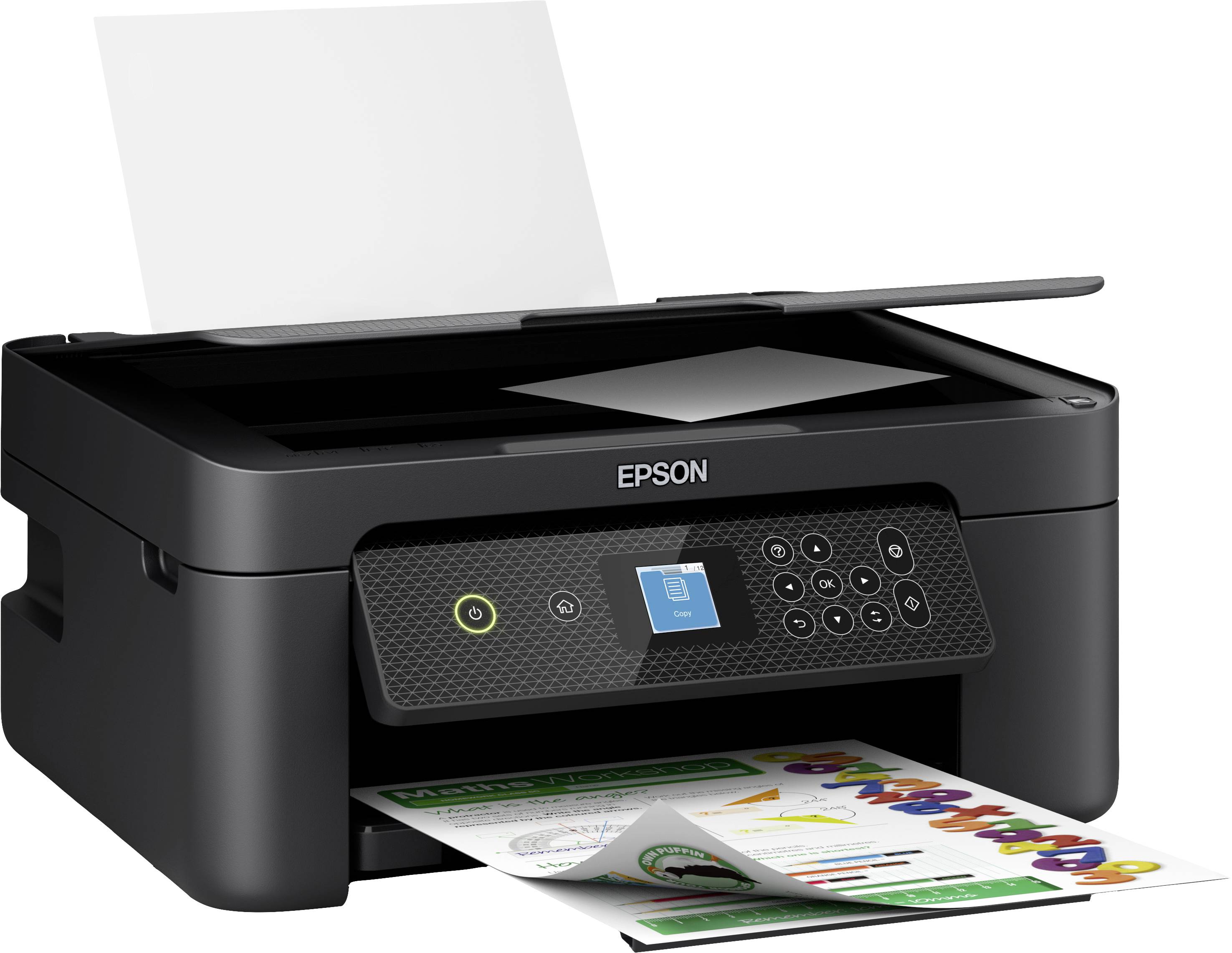 Černá tiskárna Epson tiskne barevný dokument. Tiskárna má digitální displej a několik ovládacích tlačítek.